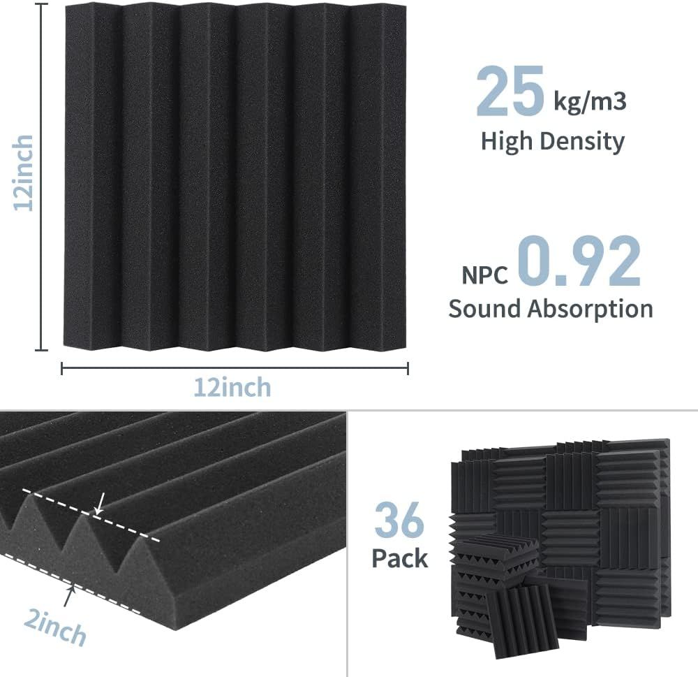 Communicates key performance specifications including density, sound absorption rating, dimensions, and pack quantity to help shoppers understand the product's acoustic effectiveness and value.…