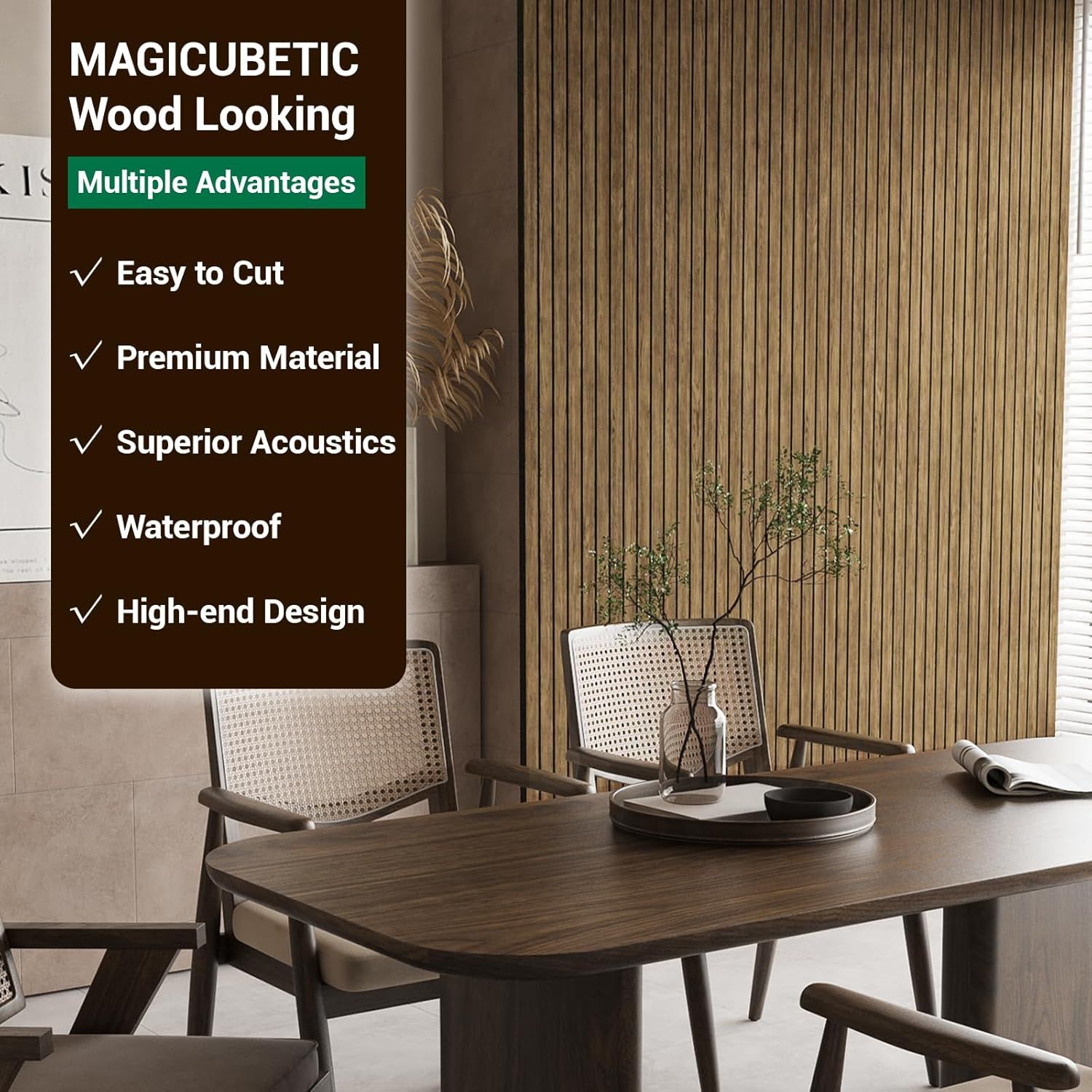 Communicates multiple distinct advantages of the wood-looking wall panels to convince shoppers of the product's versatility, quality, and functional benefits.