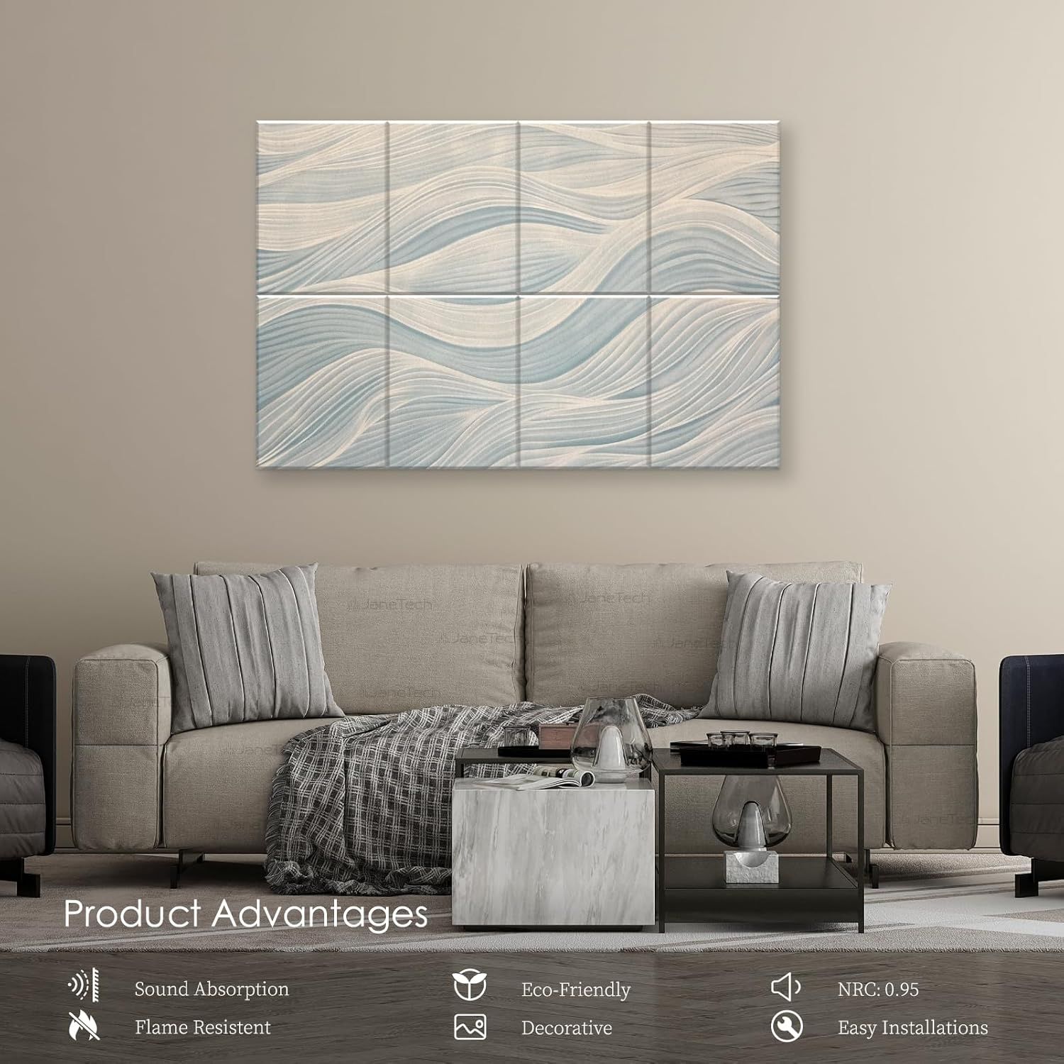 Communicates multiple distinct product advantages in a segmented layout with icons, showing the wall panel's acoustic, safety, environmental, aesthetic, and…