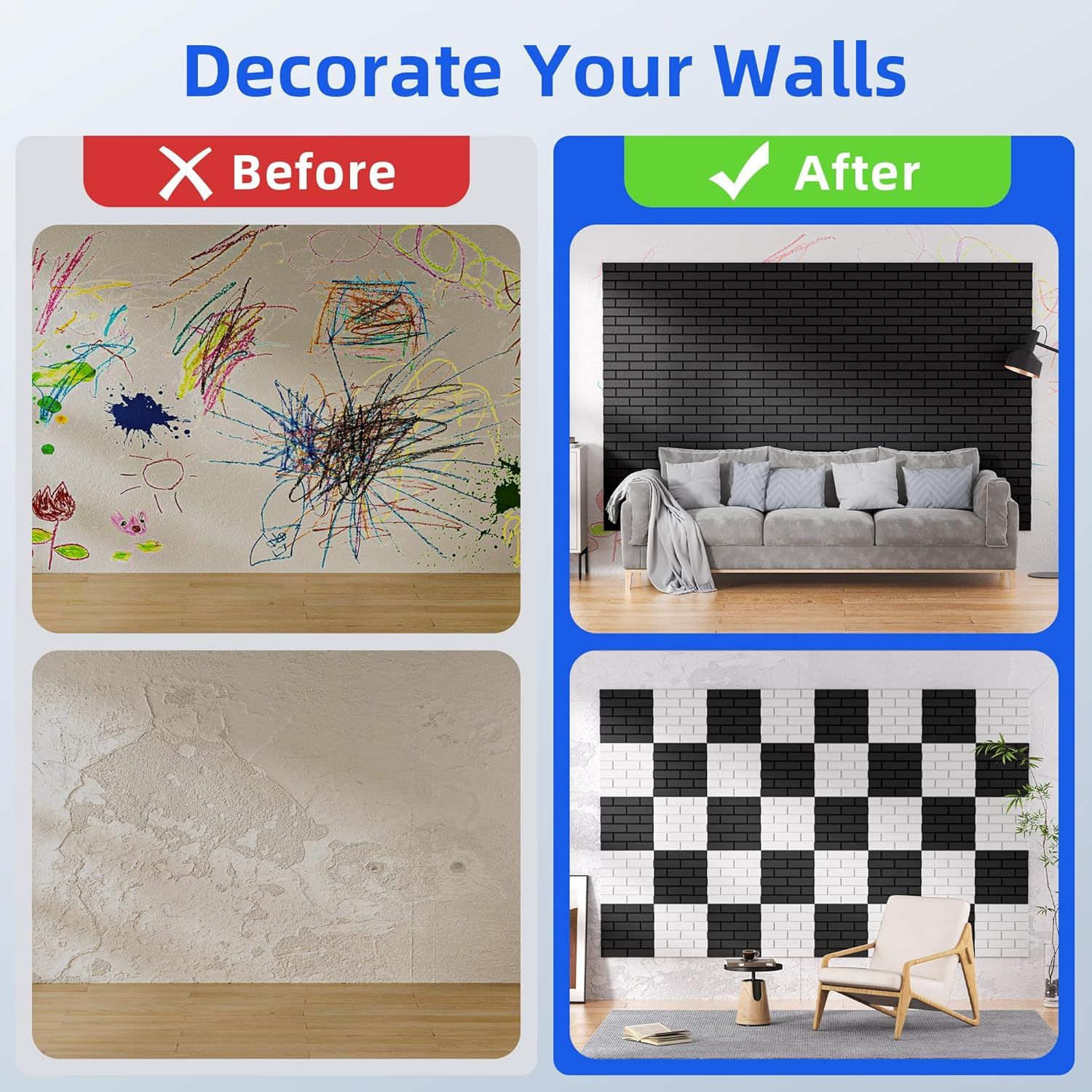 Demonstrates the dramatic transformation from damaged, messy walls to clean, professionally decorated walls using the product's decorative tile panels,…