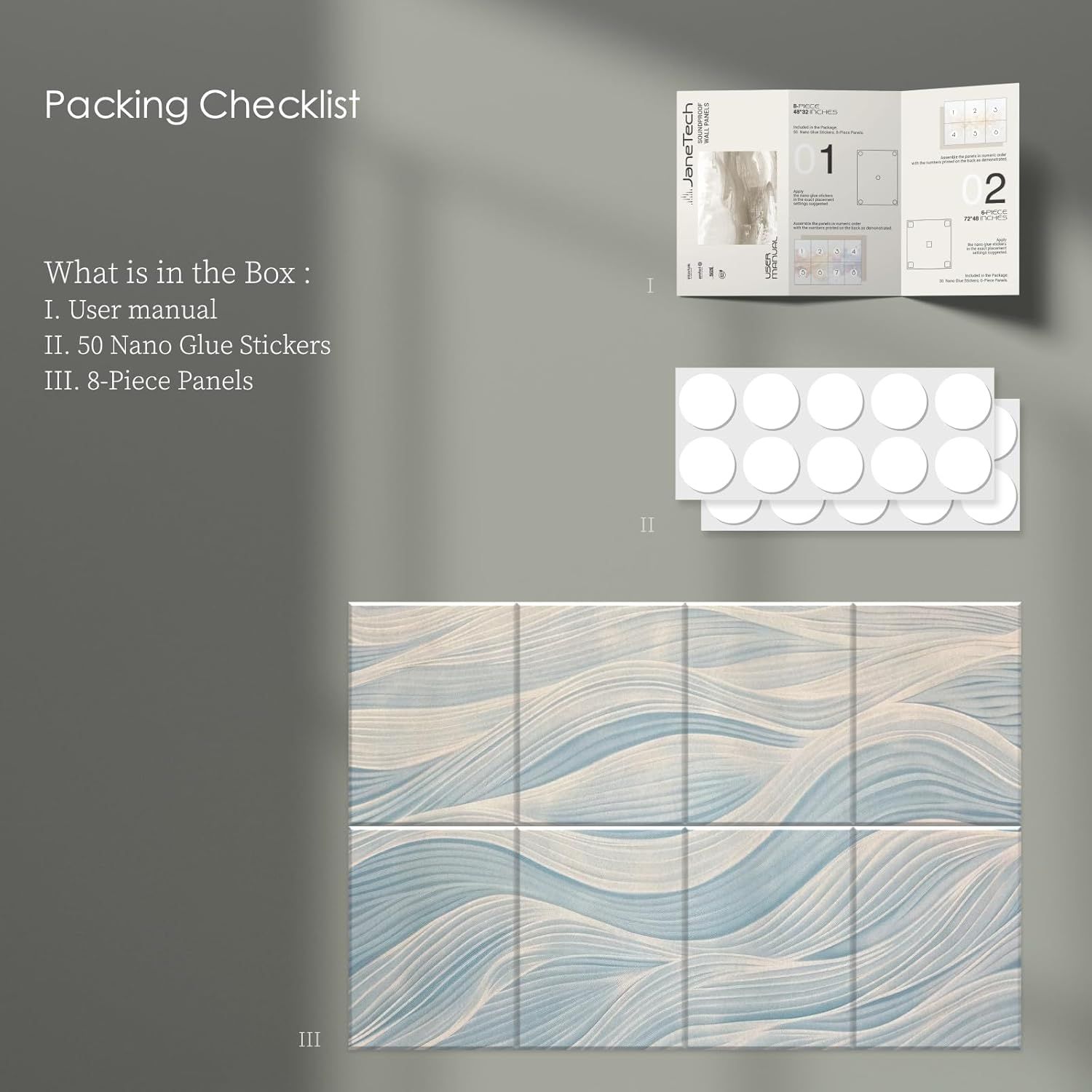 Shows the customer exactly what they will receive in the package, including the user manual, nano glue stickers, and decorative panels, to set clear…