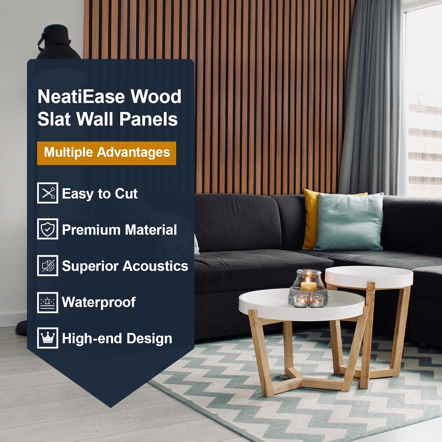 Communicates multiple distinct advantages of the wood slat wall panels in a segmented list format, reassuring shoppers of the product's quality,…