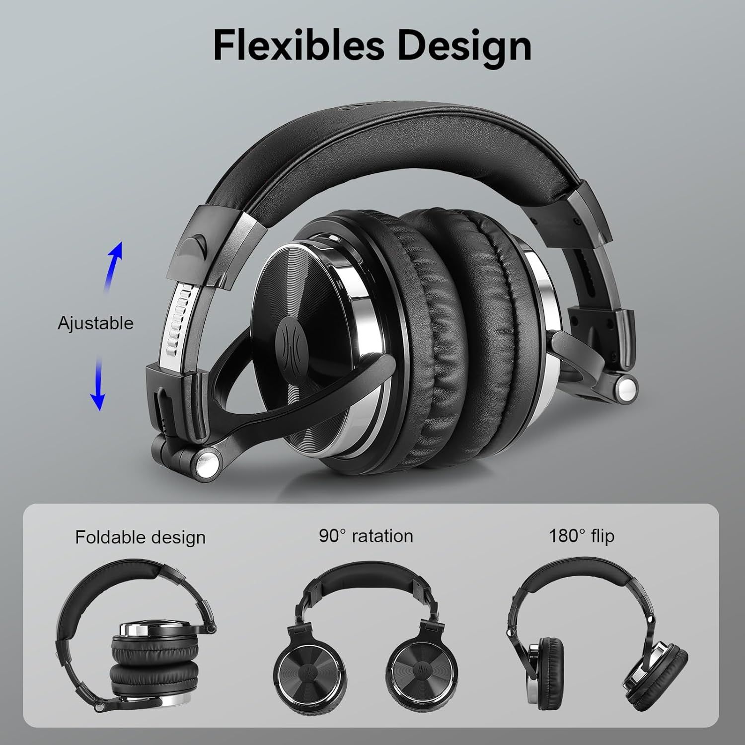 Demonstrates the headphones' versatile design features including adjustability, foldability, and multiple rotation options to communicate comfort, portability, and adaptability for different use…