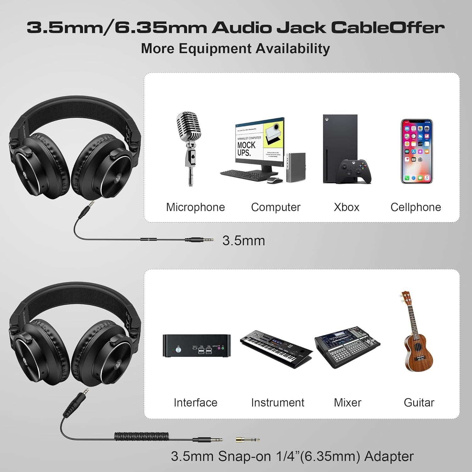 Demonstrates the wide range of devices and equipment the headphones can connect to, including microphones, computers, gaming consoles, phones, audio…