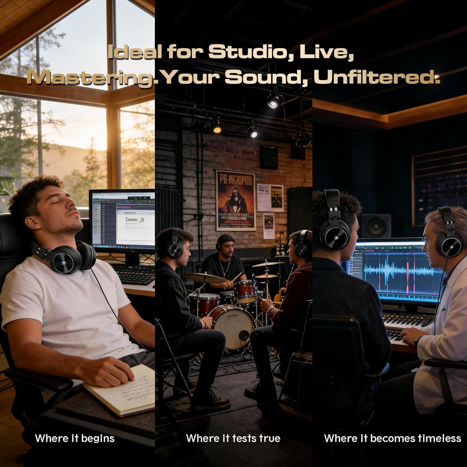 Demonstrates the product's versatility across multiple professional audio environments—studio recording, live performance, and mastering—to show it delivers…