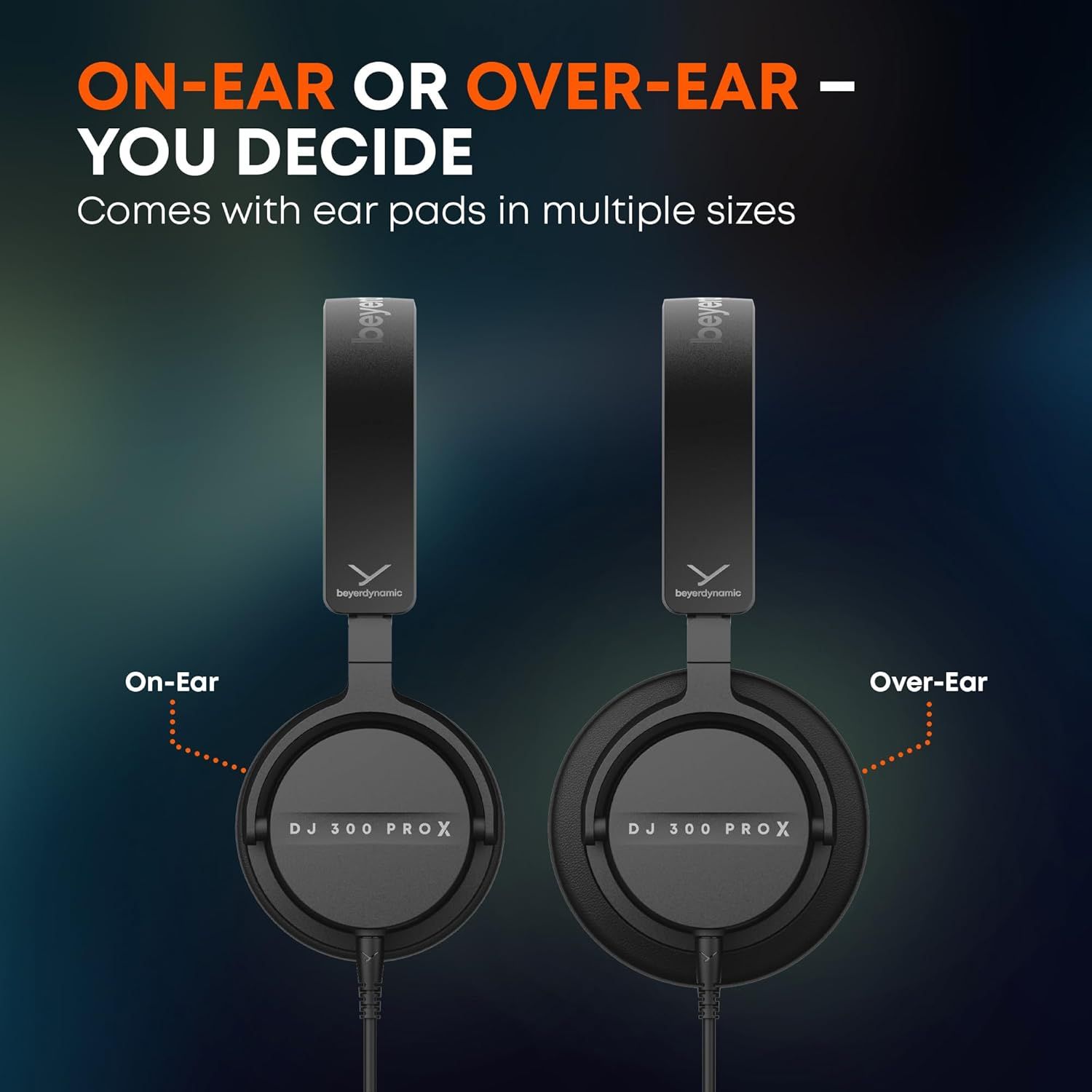Communicates that the headphones offer flexible wearing styles (on-ear or over-ear) with multiple ear pad sizes, allowing users to choose their preferred…
