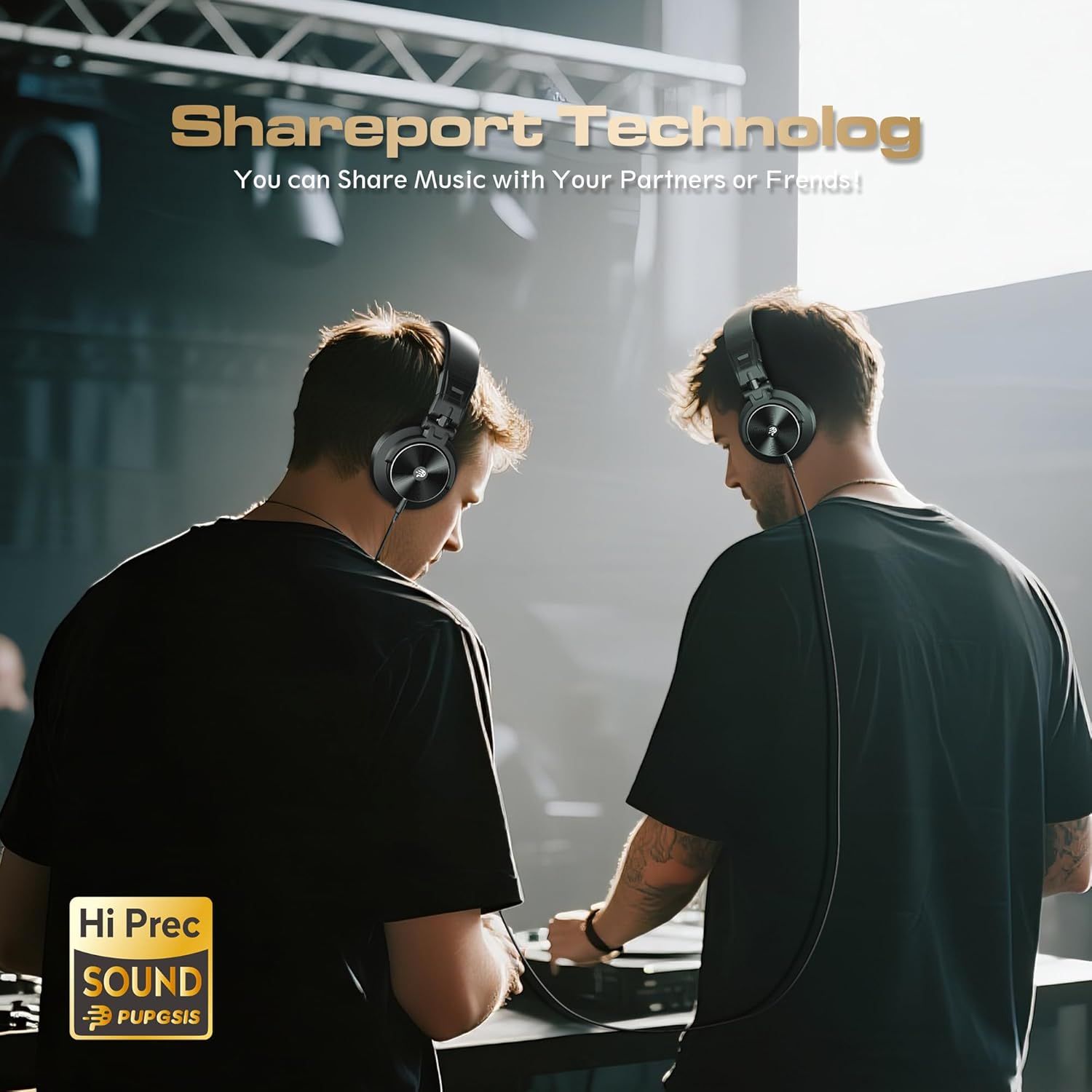 Demonstrates the product's music-sharing capability, showing how two people can listen together using the Shareport Technology feature to reassure shoppers of…