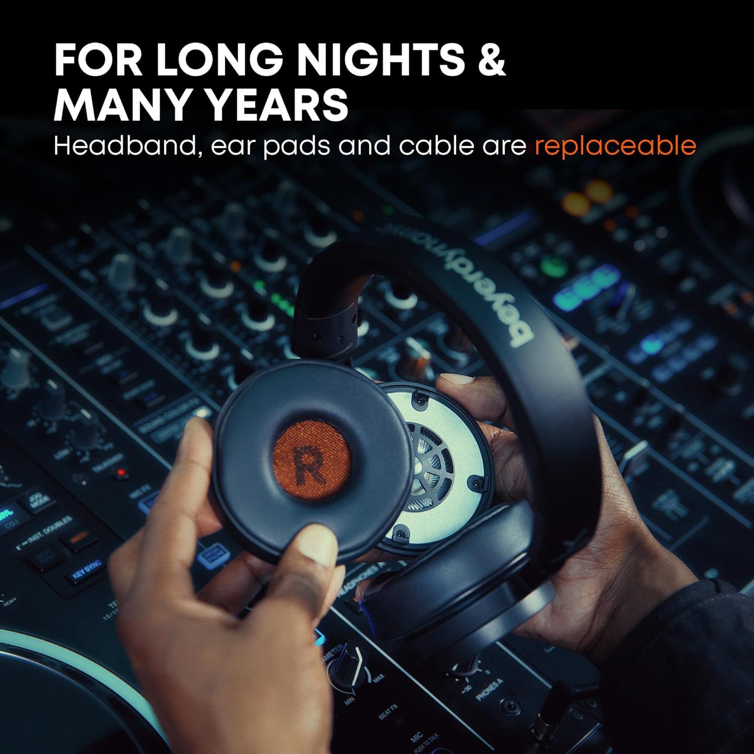 Communicates that the headphones are built for long-term use by highlighting that key components (headband, ear pads, cable) are replaceable, reassuring…