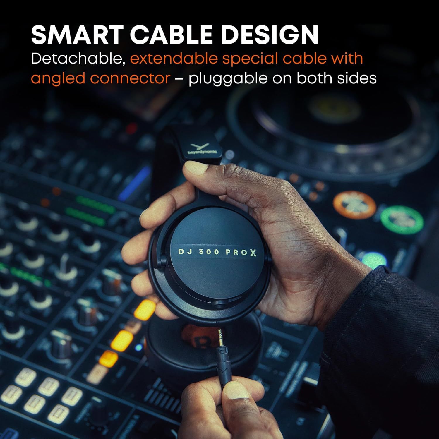 Highlights the innovative cable design that is detachable, extendable, and features an angled connector that's pluggable on both sides, emphasizing…