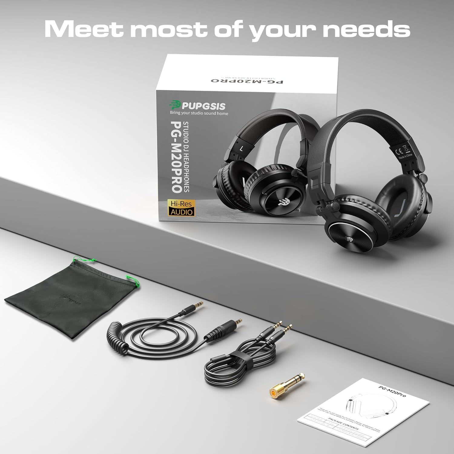 Shows everything included in the box to reassure shoppers they are getting a complete package with headphones, cables, carrying pouch, adapter, and documentation.