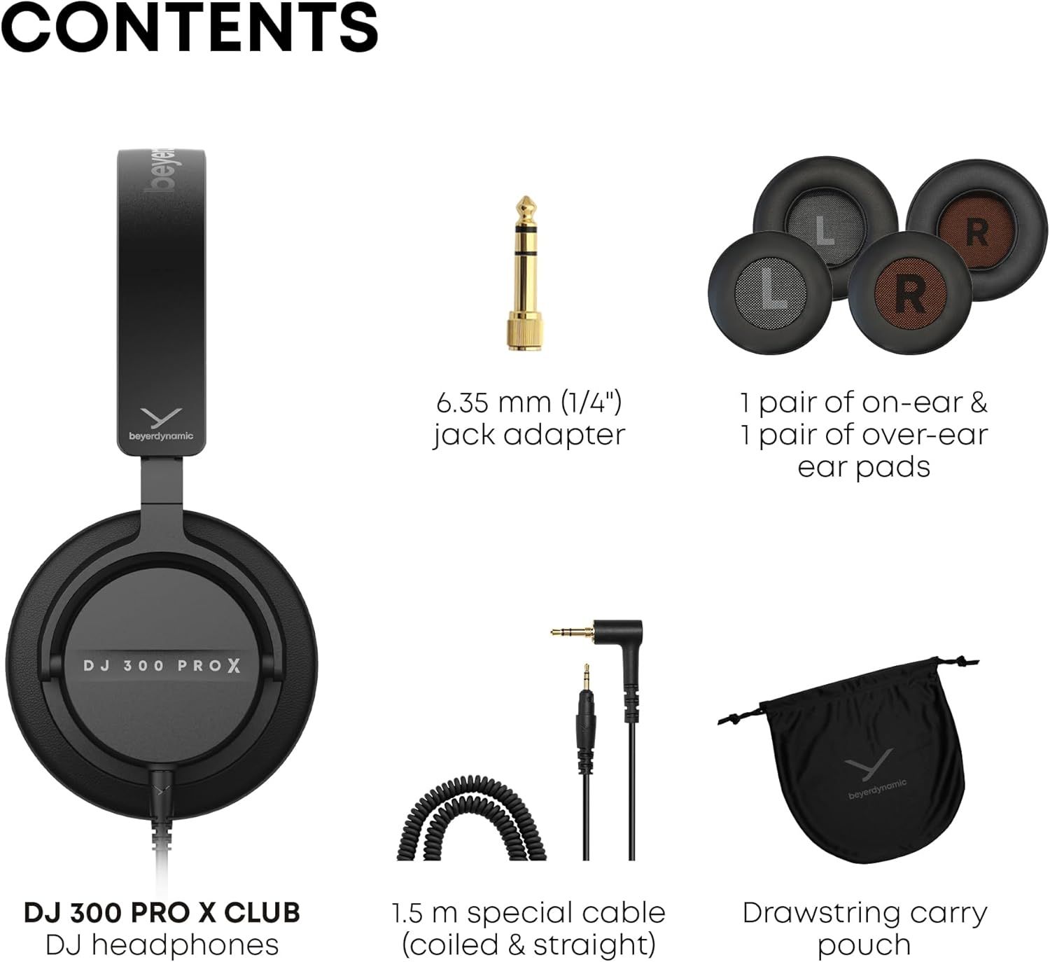 Shows everything included in the box to reassure shoppers they're getting a complete kit with headphones, cables, adapters, ear pads, and carrying pouch.