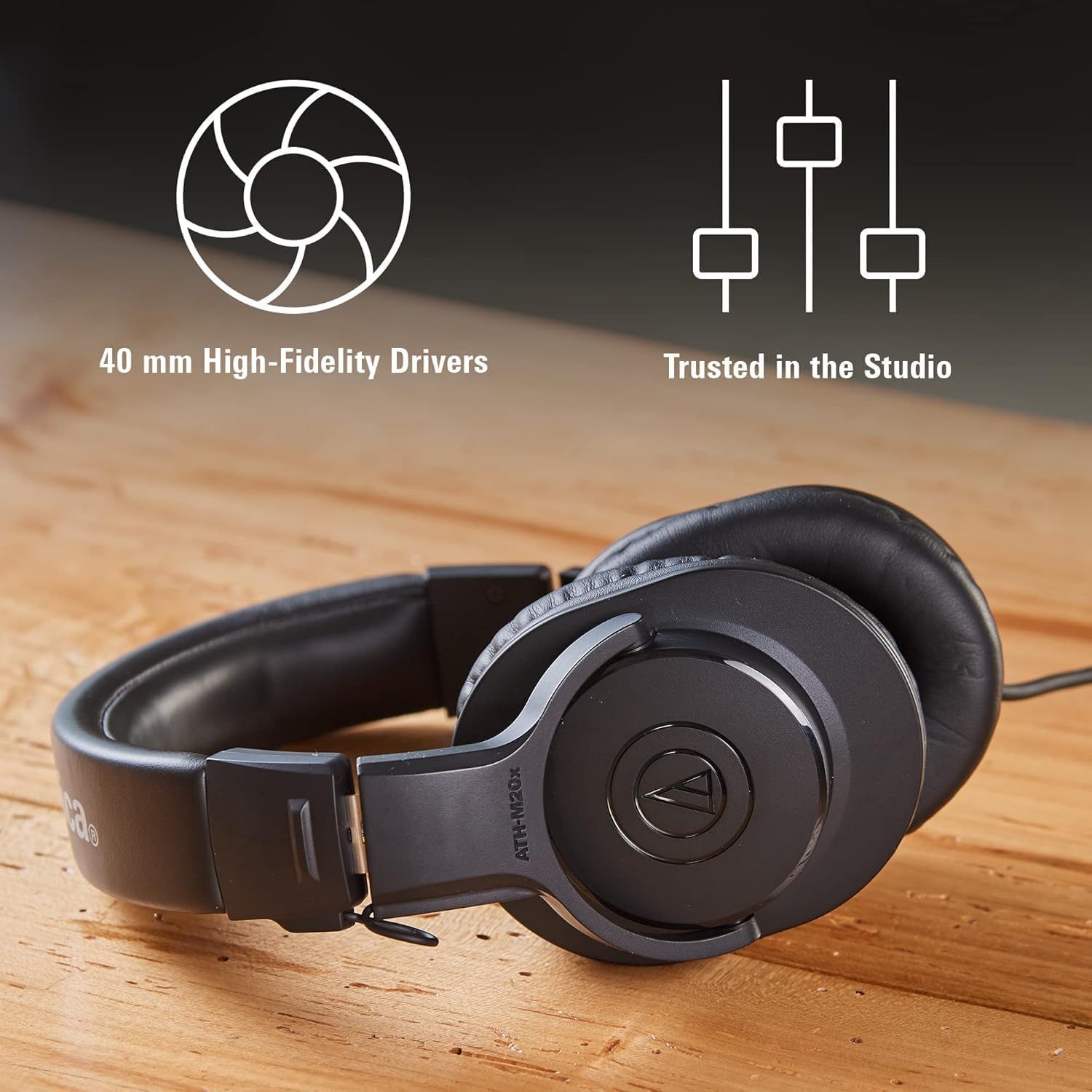 Communicates two distinct technical benefits of the headphones: the high-fidelity audio drivers and professional studio-quality performance, reassuring…