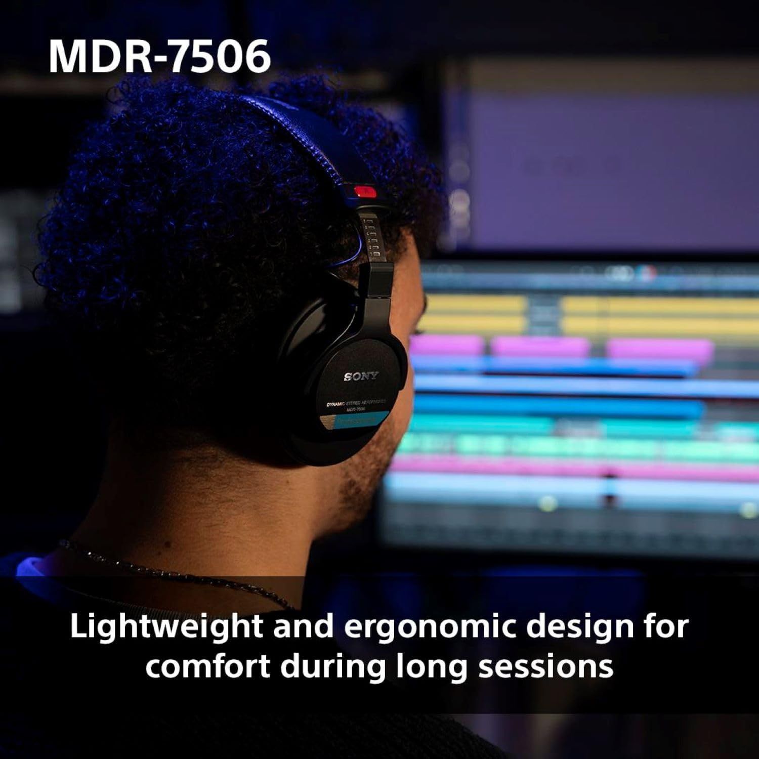 Communicates that the Sony MDR-7506 headphones are designed to be lightweight and ergonomic, ensuring comfort during extended use sessions, particularly for…