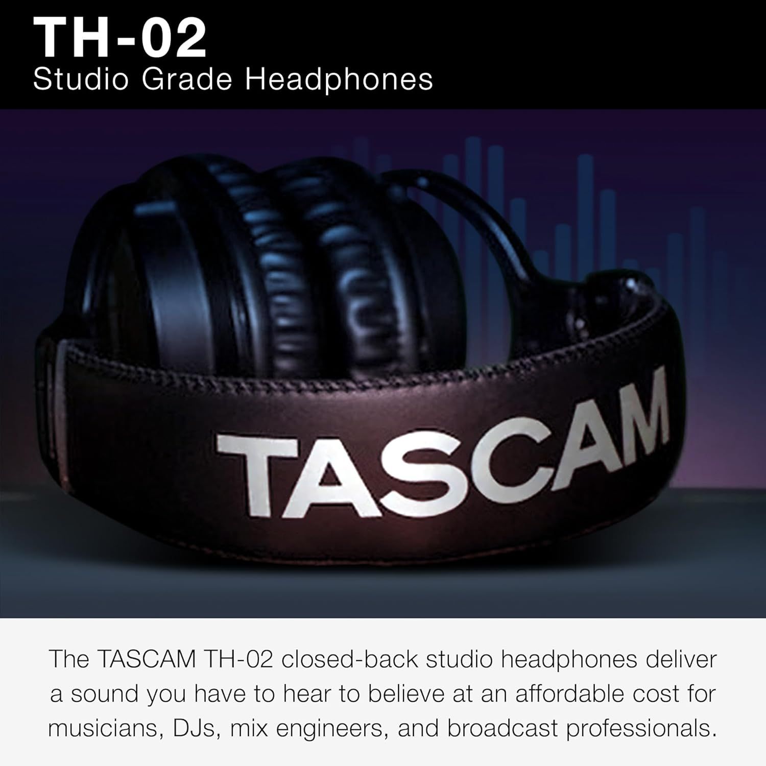 Establishes brand recognition and product identity by prominently displaying the TASCAM brand name and TH-02 model designation, positioning the headphones as…