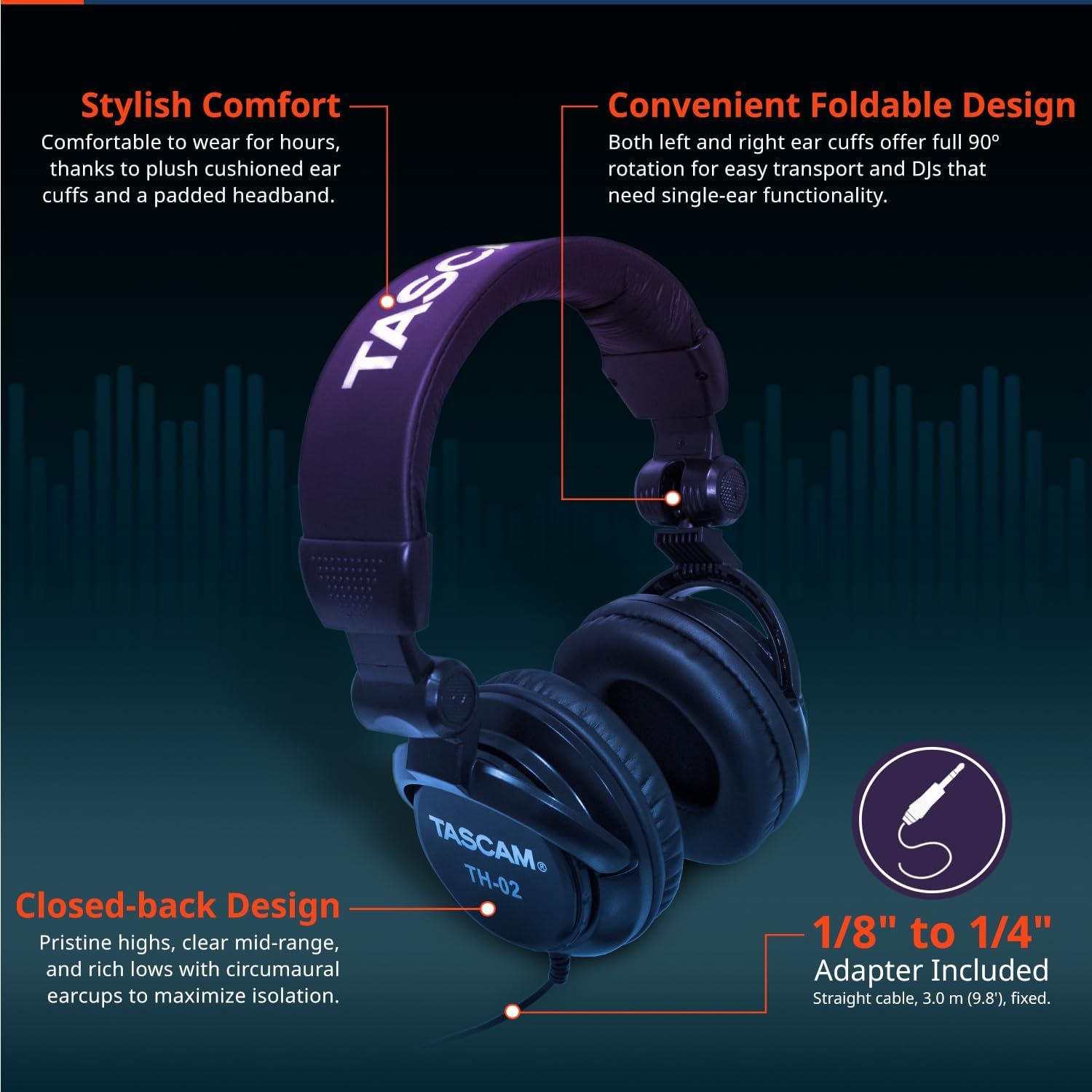 This image breaks down the headphones' key physical features and design elements—comfort, foldability, closed-back construction, and included adapter—to help…