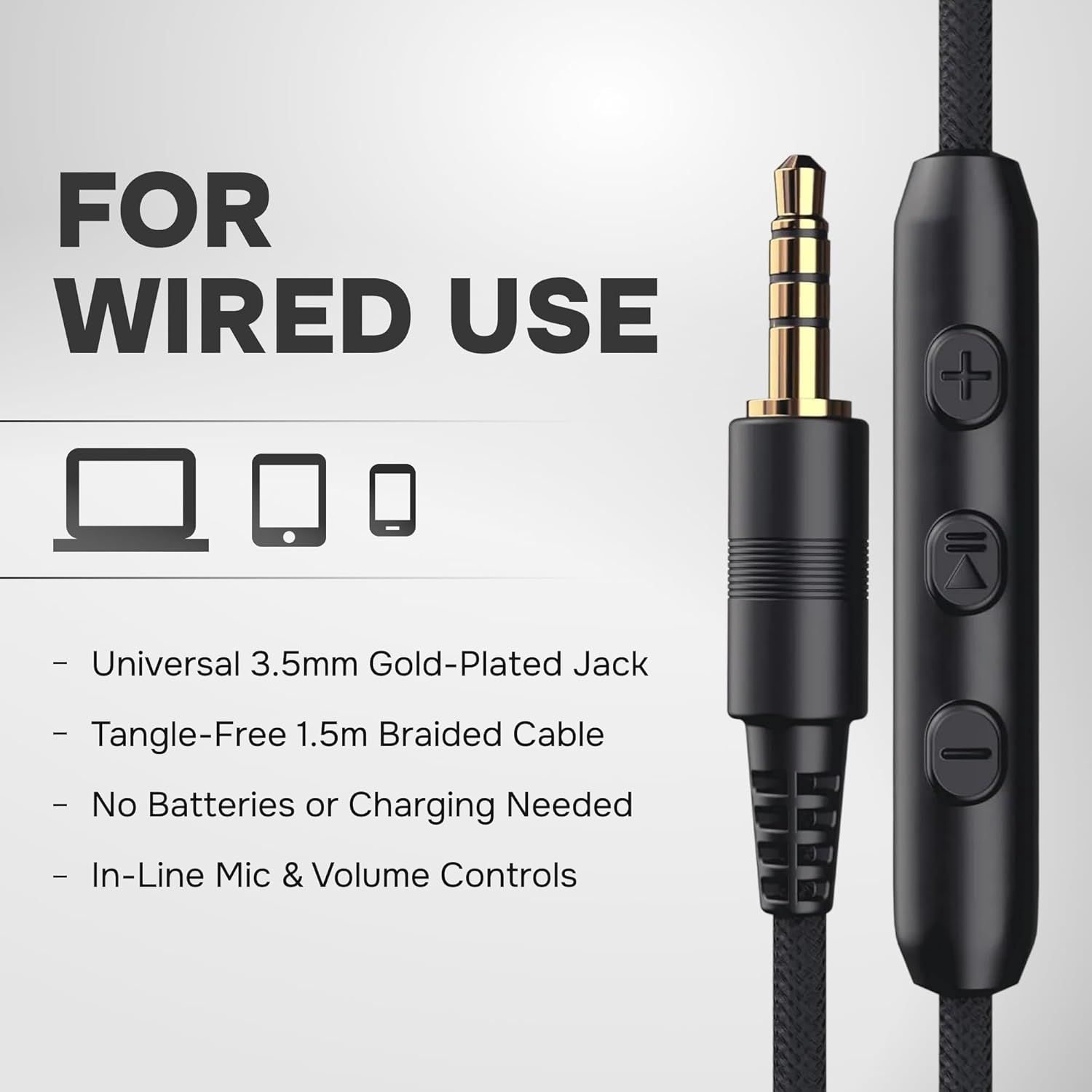 Communicates multiple key benefits of the wired headphone cable in a segmented list format, emphasizing compatibility, convenience, durability, and…