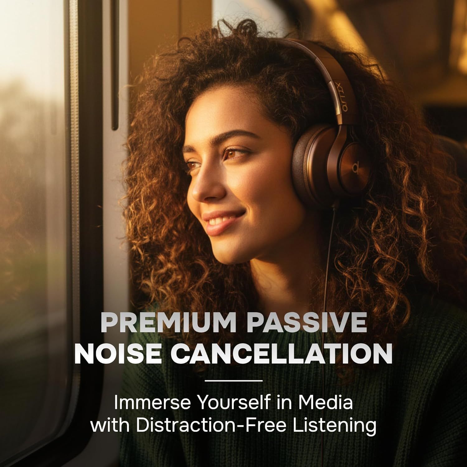 Highlights the headphones' noise cancellation feature to communicate the benefit of immersive, distraction-free listening for shoppers seeking audio quality…