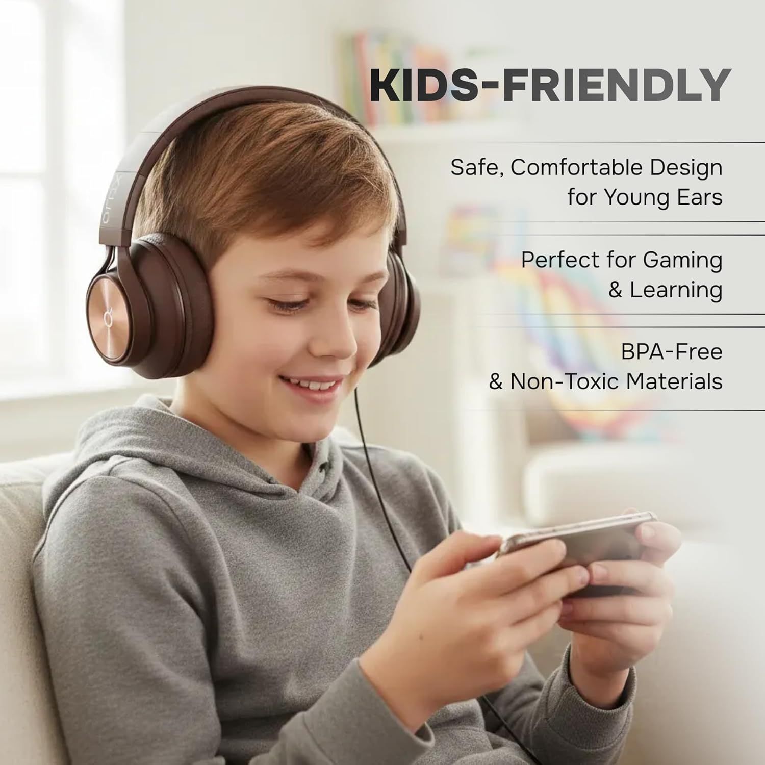 Communicates multiple selling benefits of the headphones designed for children, emphasizing safety, comfort, versatility, and non-toxic materials to reassure…