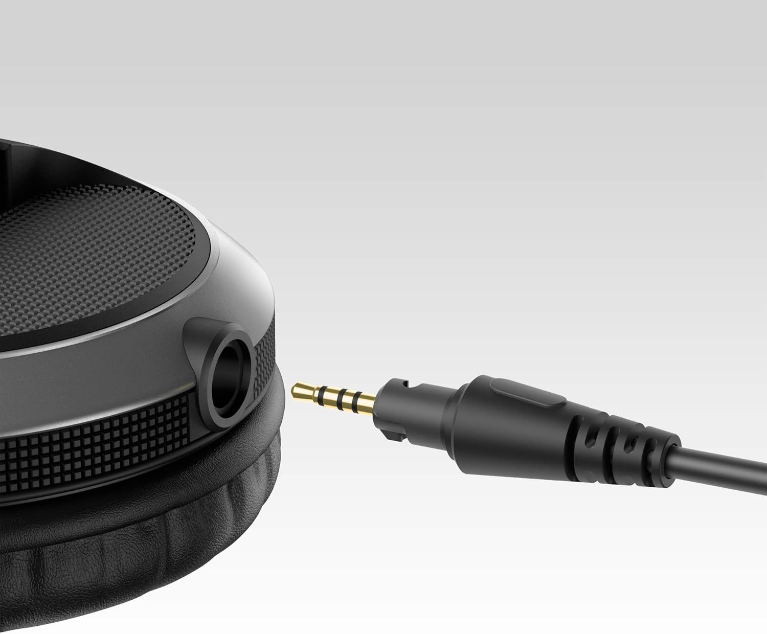 Highlights the wired audio connection capability of the headphones, showing the 3.5mm jack port and cable to reassure shoppers about universal compatibility…