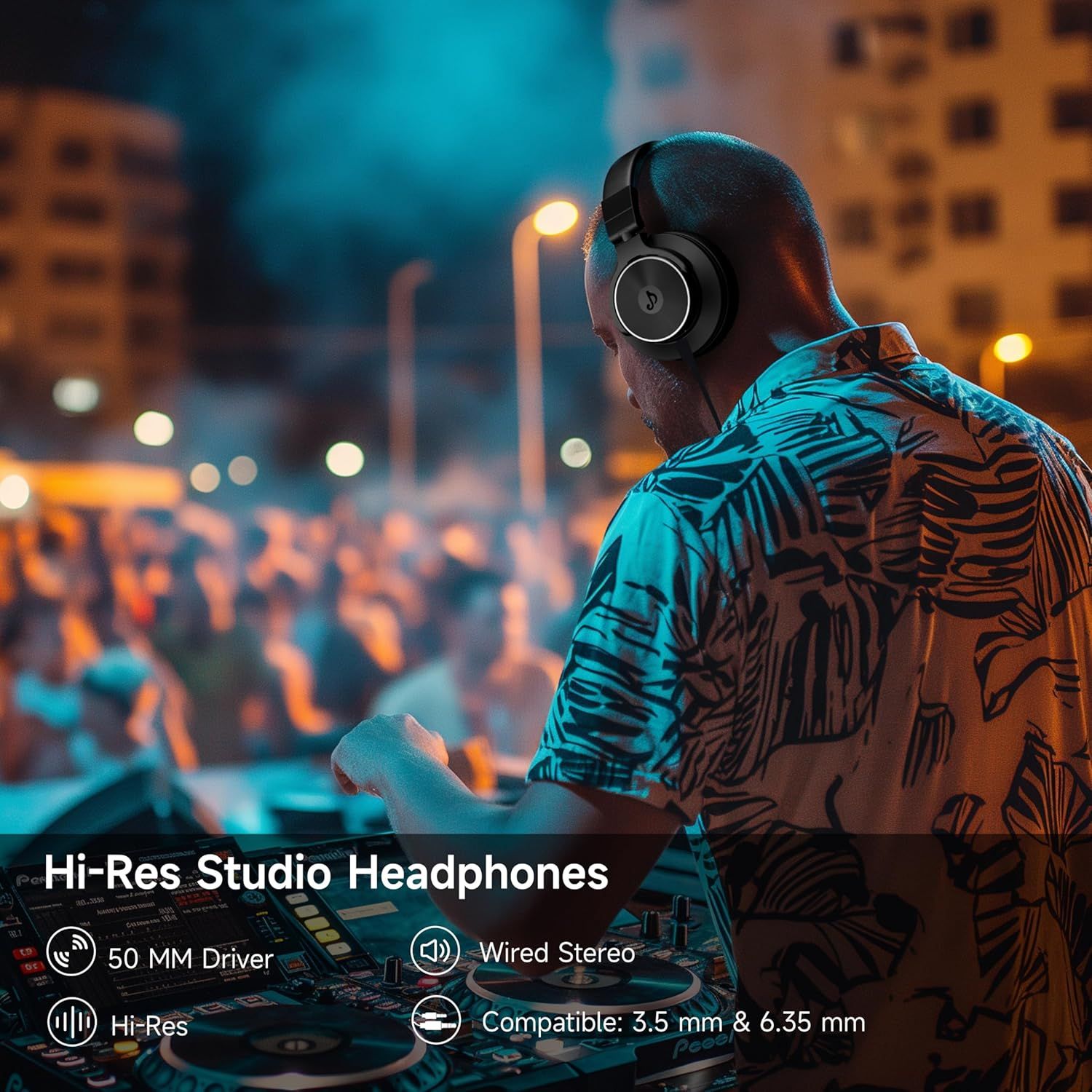 Communicates multiple technical specifications and features of the studio headphones to reassure shoppers of professional-grade audio quality and versatile…