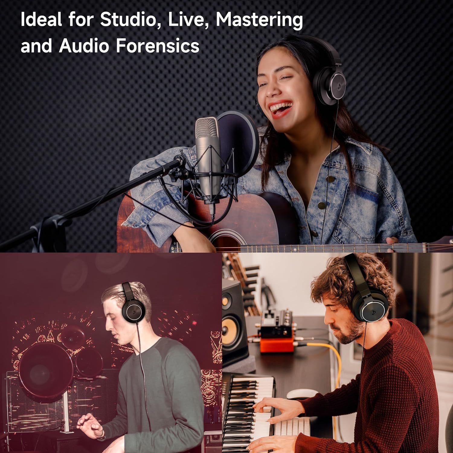 Demonstrates the versatility of the headphones by showing multiple professional audio use cases including vocal recording, live performance, and music…