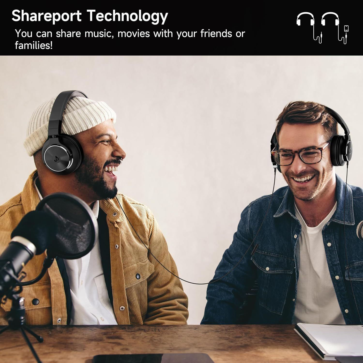 Communicates that the headphones feature Shareport Technology, allowing users to share music and movies with friends or family, emphasizing social…