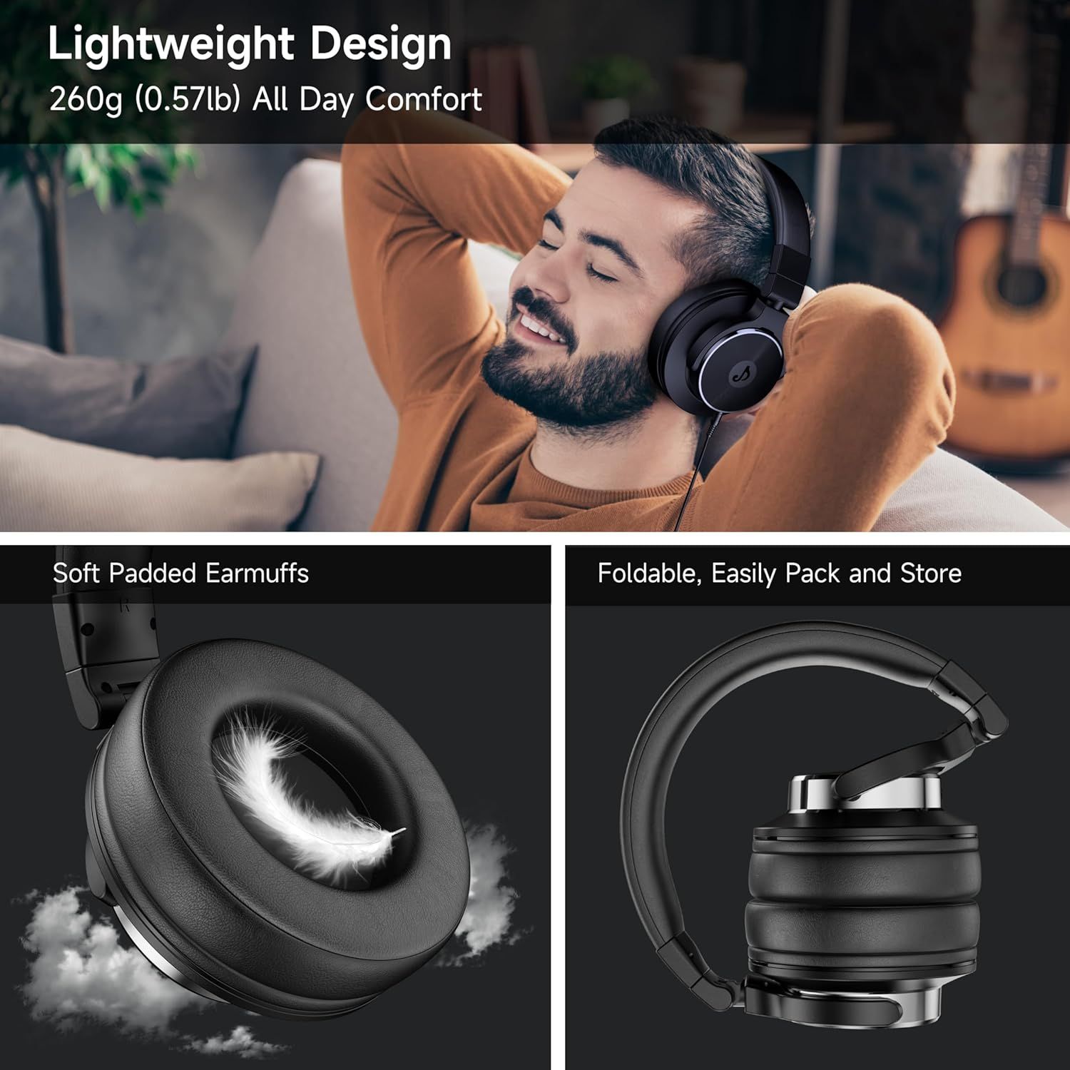 Communicates three distinct product benefits in a segmented layout: the lightweight comfort for all-day wear, soft padded earmuffs for comfort, and foldable…
