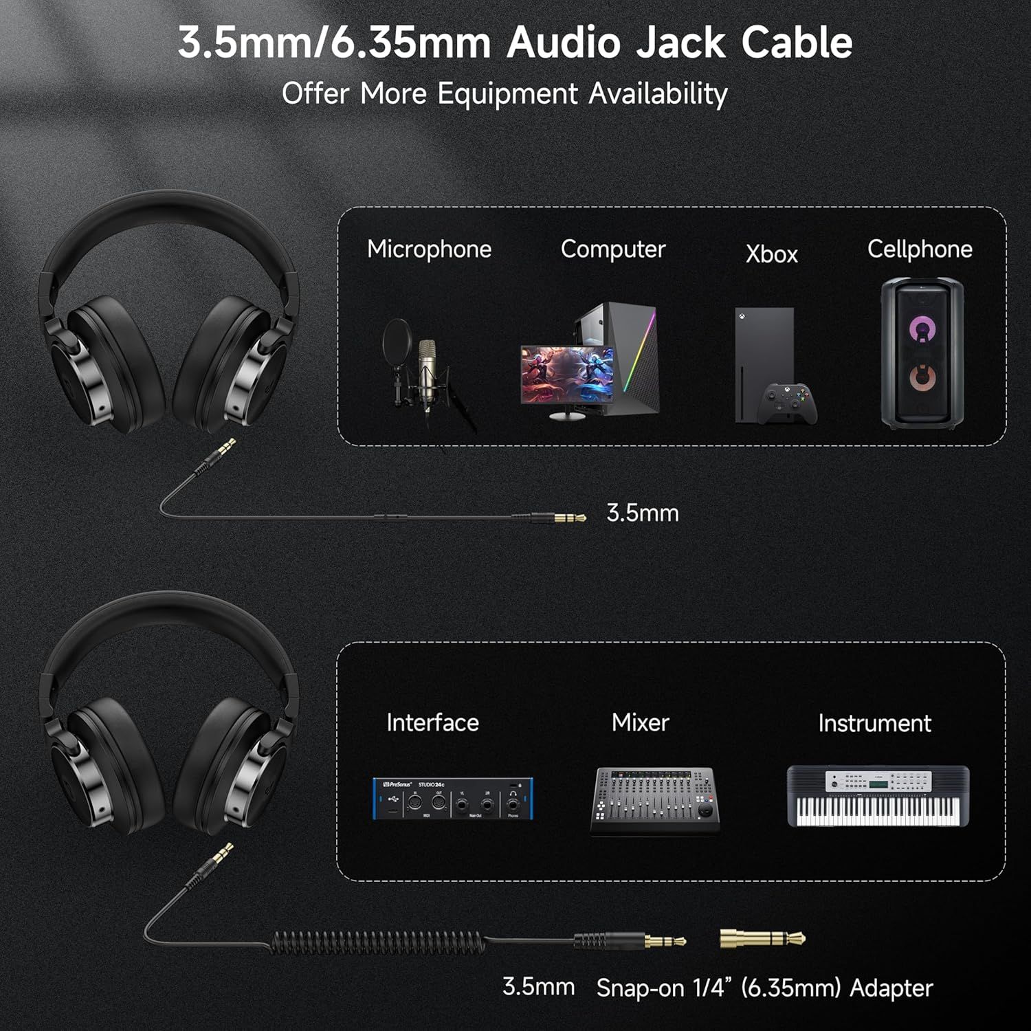 Demonstrates the wide range of devices and equipment the audio cable is compatible with, including microphones, computers, Xbox, cellphones, audio interfaces,…