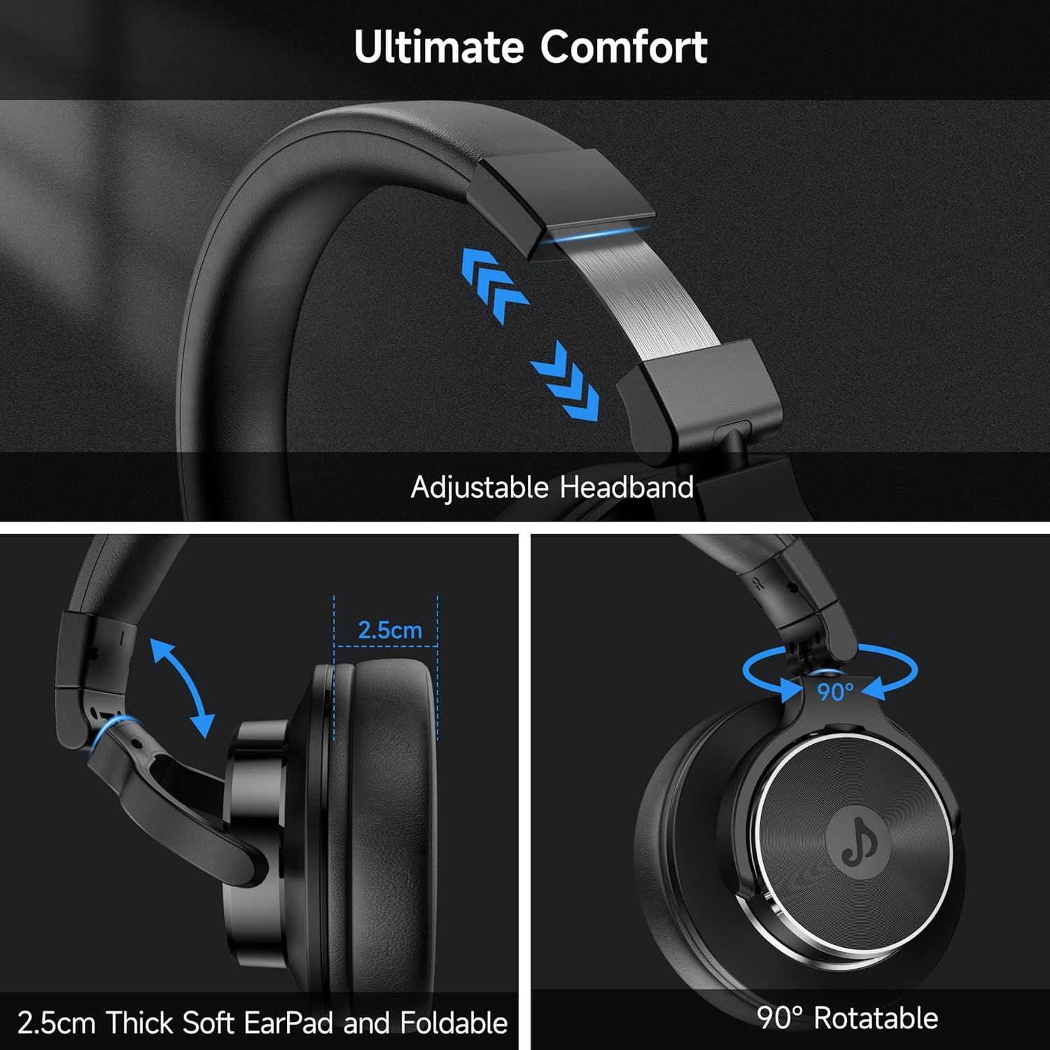 Demonstrates multiple comfort and convenience features of the headphones, including adjustability, cushioning, portability, and flexibility to reassure…