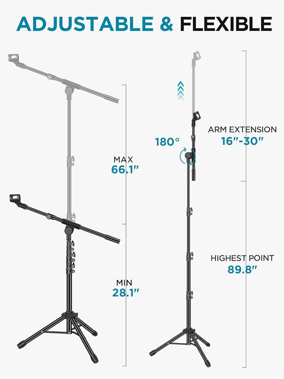 Communicates the product's physical dimensions and adjustability range to help shoppers understand the microphone stand's size flexibility and extension…