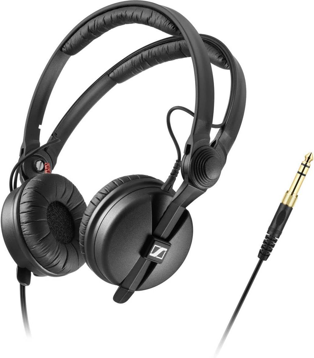 Provides a clean, catalog-style view of the headphones showing the product design, cable, and adapter without distractions.