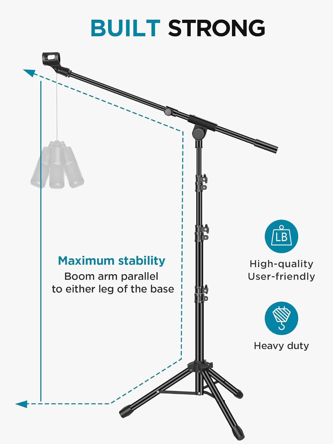 Highlights the structural design and stability features of the microphone stand, showing how the boom arm aligns with the base for maximum stability and…