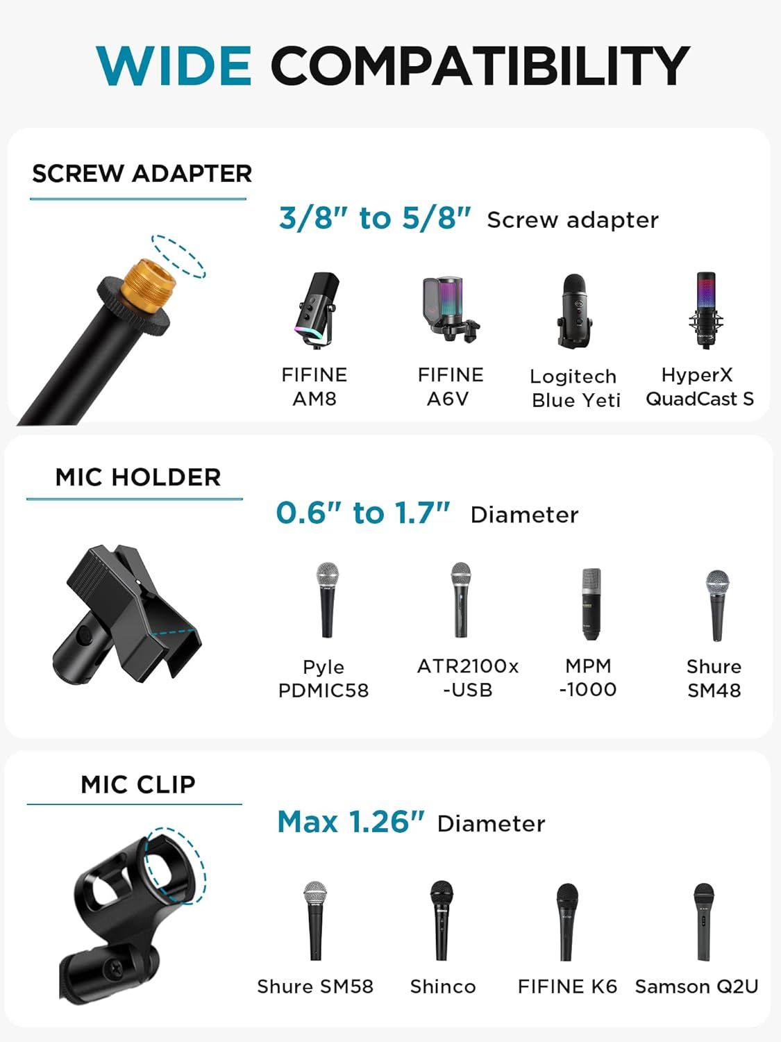 Demonstrates the product's compatibility with multiple microphone brands and models, reassuring shoppers that it will work with their existing equipment.