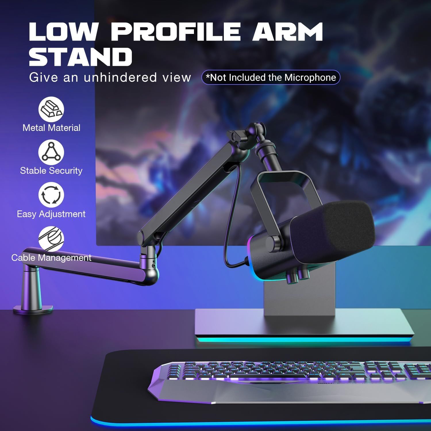 Communicates multiple distinct benefits of the low-profile arm stand through a visually segmented layout with icons and text, showing shoppers why this…