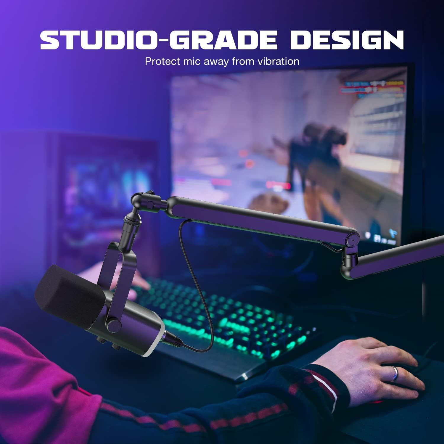 Highlights the microphone's studio-grade design and vibration protection feature to reassure gamers and content creators that it delivers professional audio…