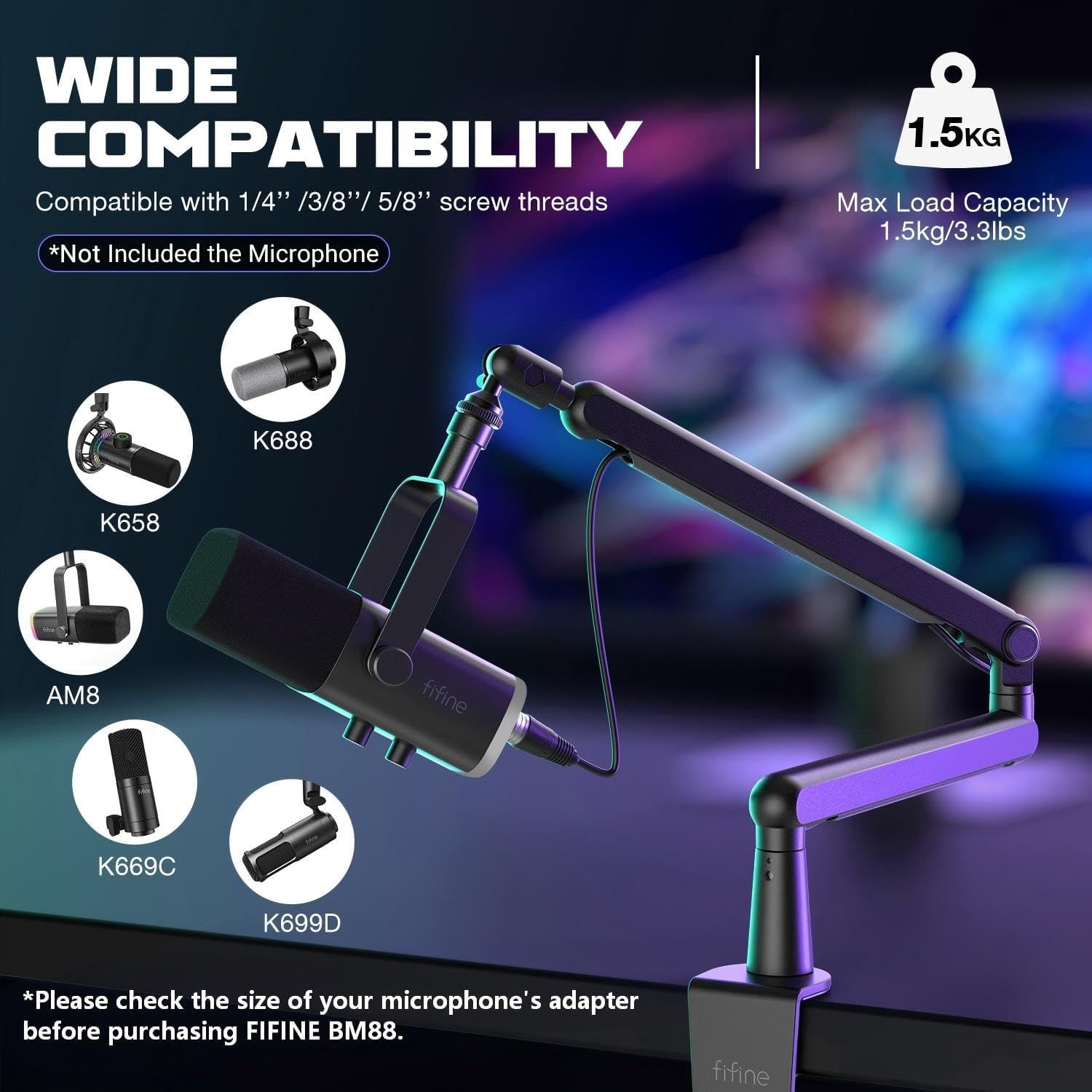 Demonstrates that the microphone boom arm is compatible with multiple microphone models (K658, K688, AM8, K669C, K699D) and various screw thread sizes, reassuring shoppers of its versatility and…