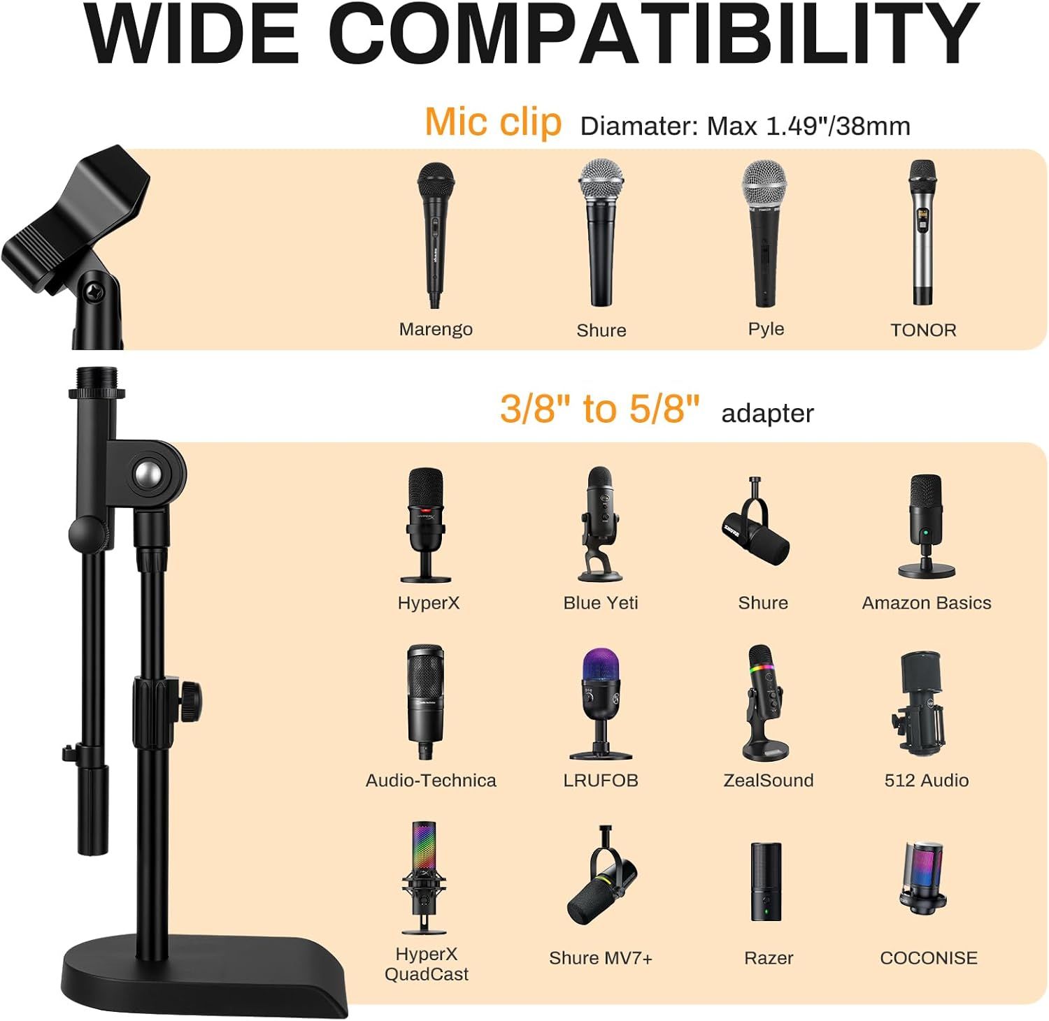 Demonstrates the product's compatibility with a wide range of microphone brands and models, reassuring shoppers that the stand will work with their existing…