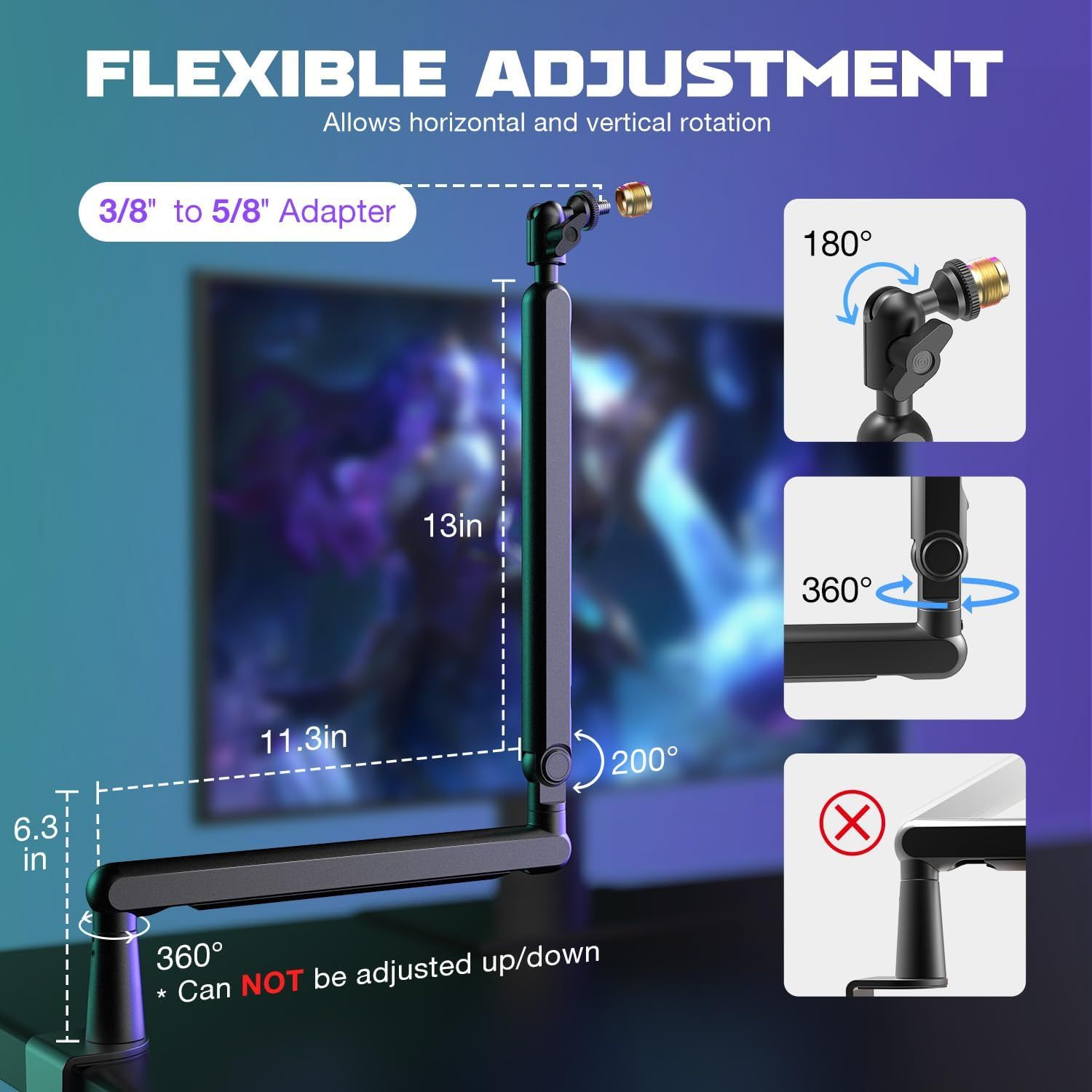 This image breaks down the physical adjustment capabilities and components of the product, showing shoppers exactly how the mount can rotate and adjust in…