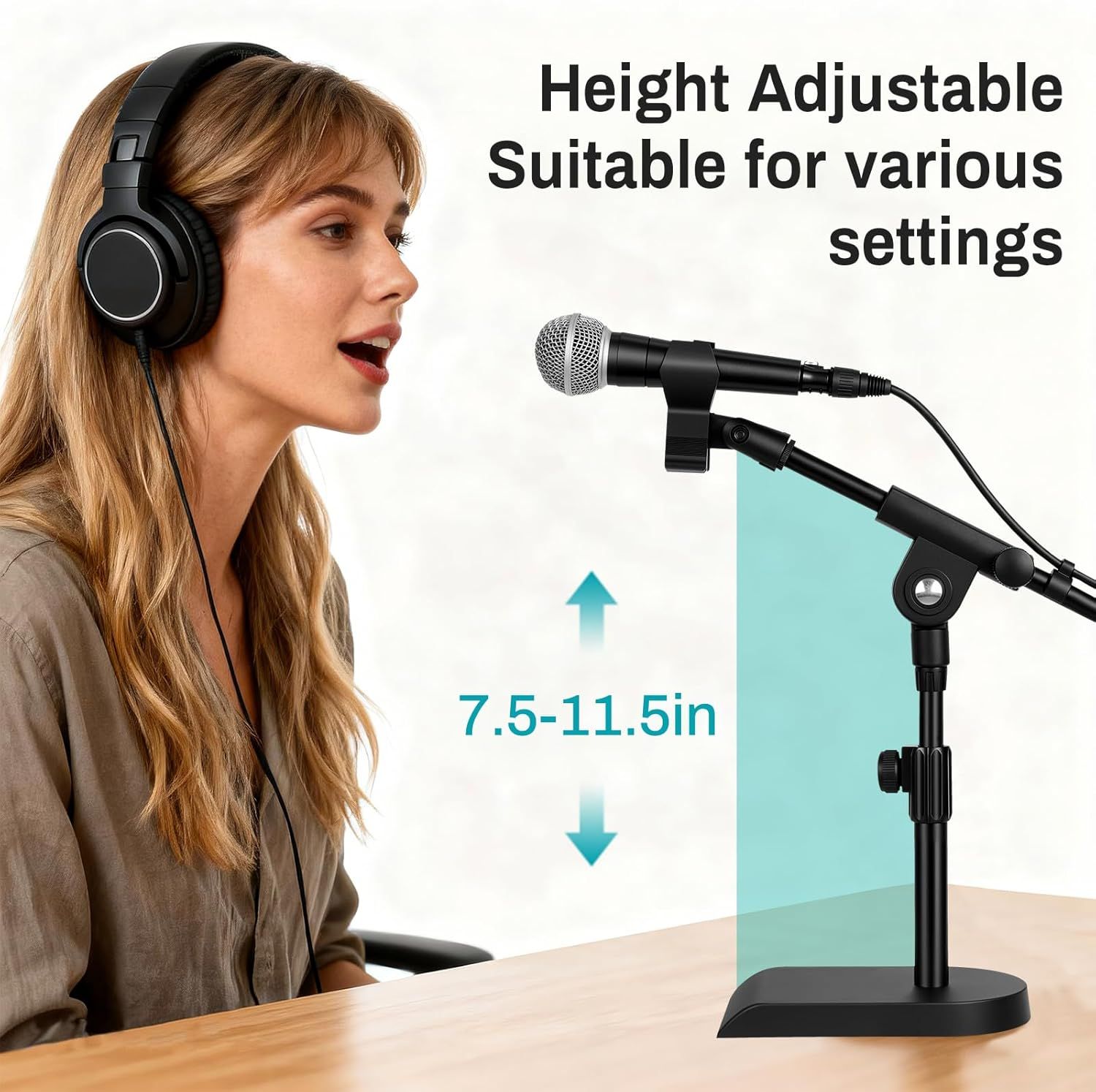 Communicates the adjustable height range (7.5-11.5 inches) of the microphone stand to reassure shoppers it can be customized for various recording or speaking…