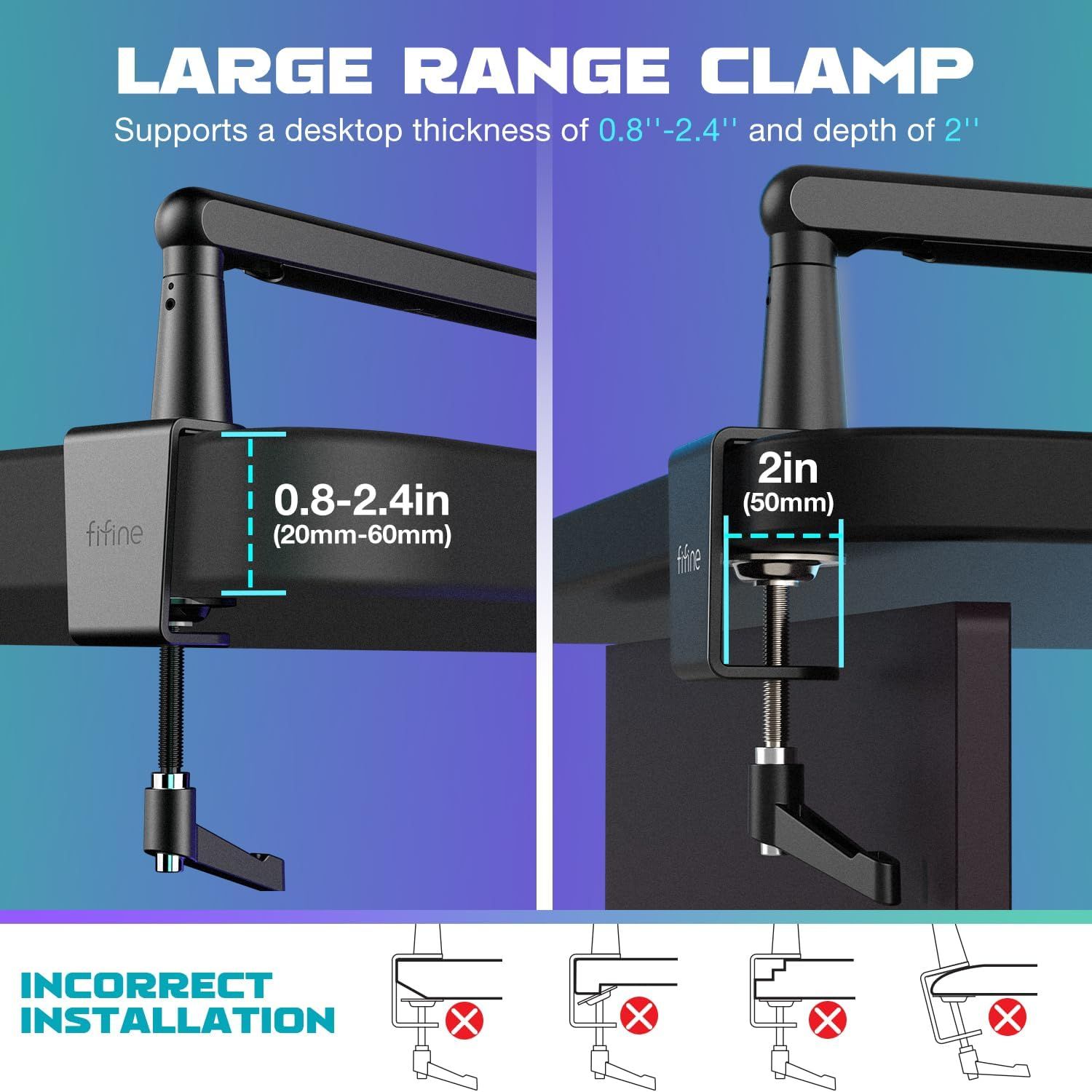 Communicates the exact dimensional compatibility of the clamp mechanism, showing shoppers which desk thicknesses and depths the product will fit to ensure…