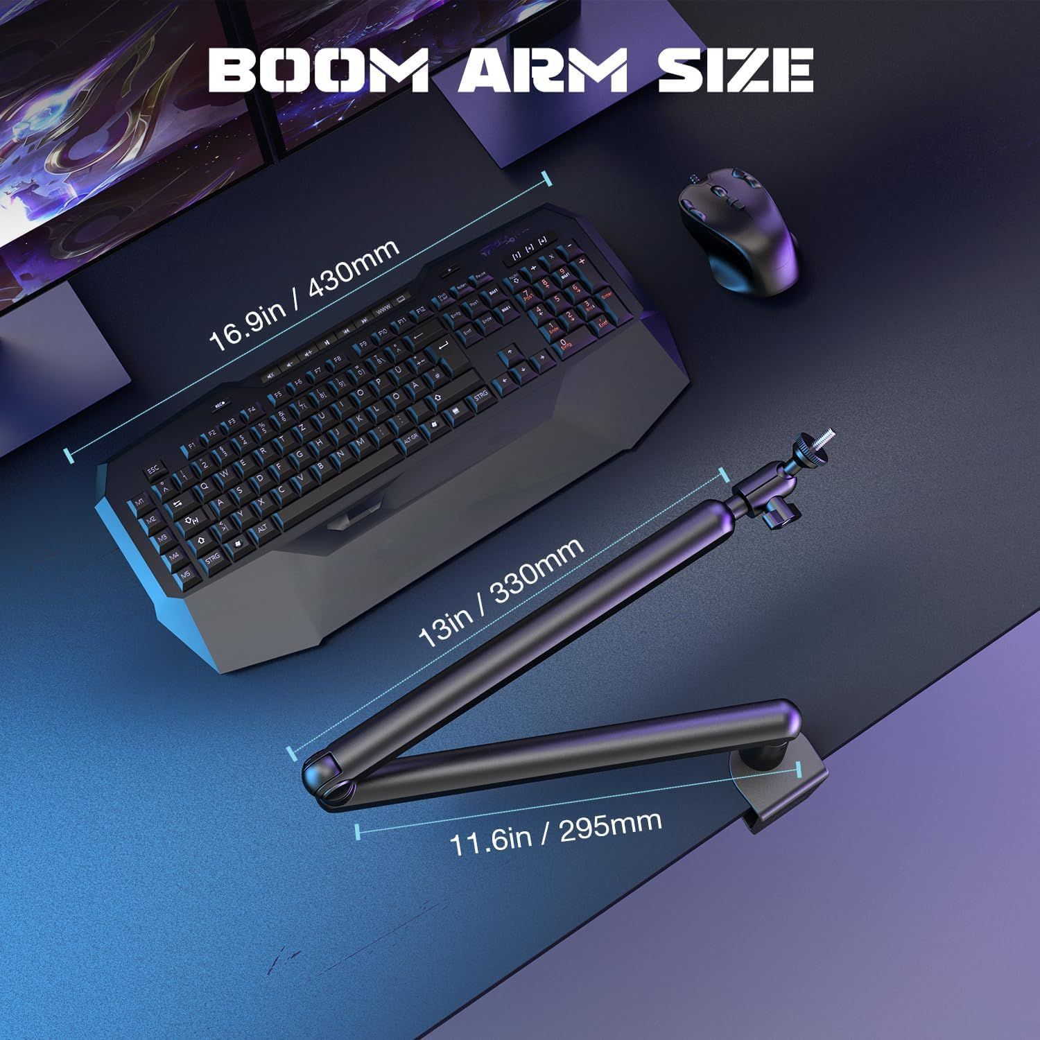 Communicates the physical dimensions of the boom arm in multiple positions to help shoppers understand the size and reach of the product.