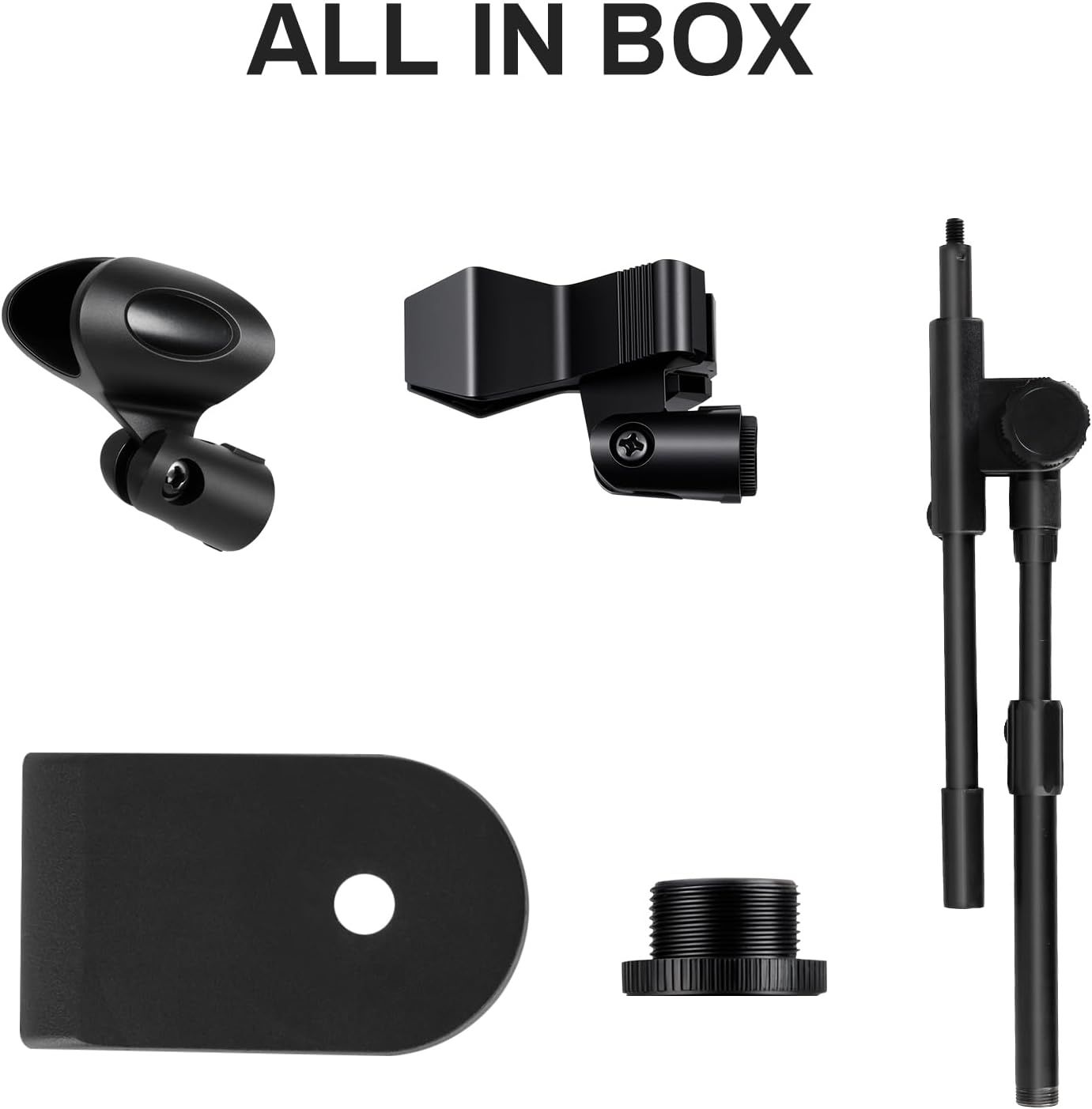 Shows all the mounting hardware and accessories included in the box, reassuring the customer they have everything needed for installation and setup.