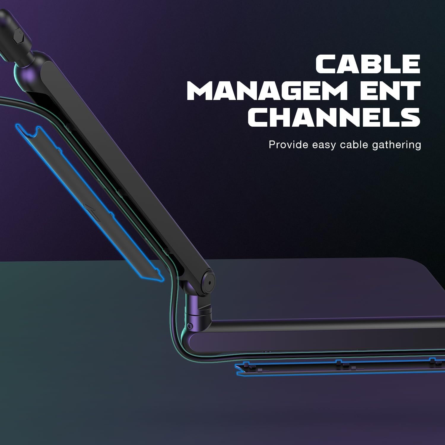 Highlights the product's built-in cable management channels that provide easy cable gathering and organization, reassuring shoppers that their workspace will stay neat and clutter-free.