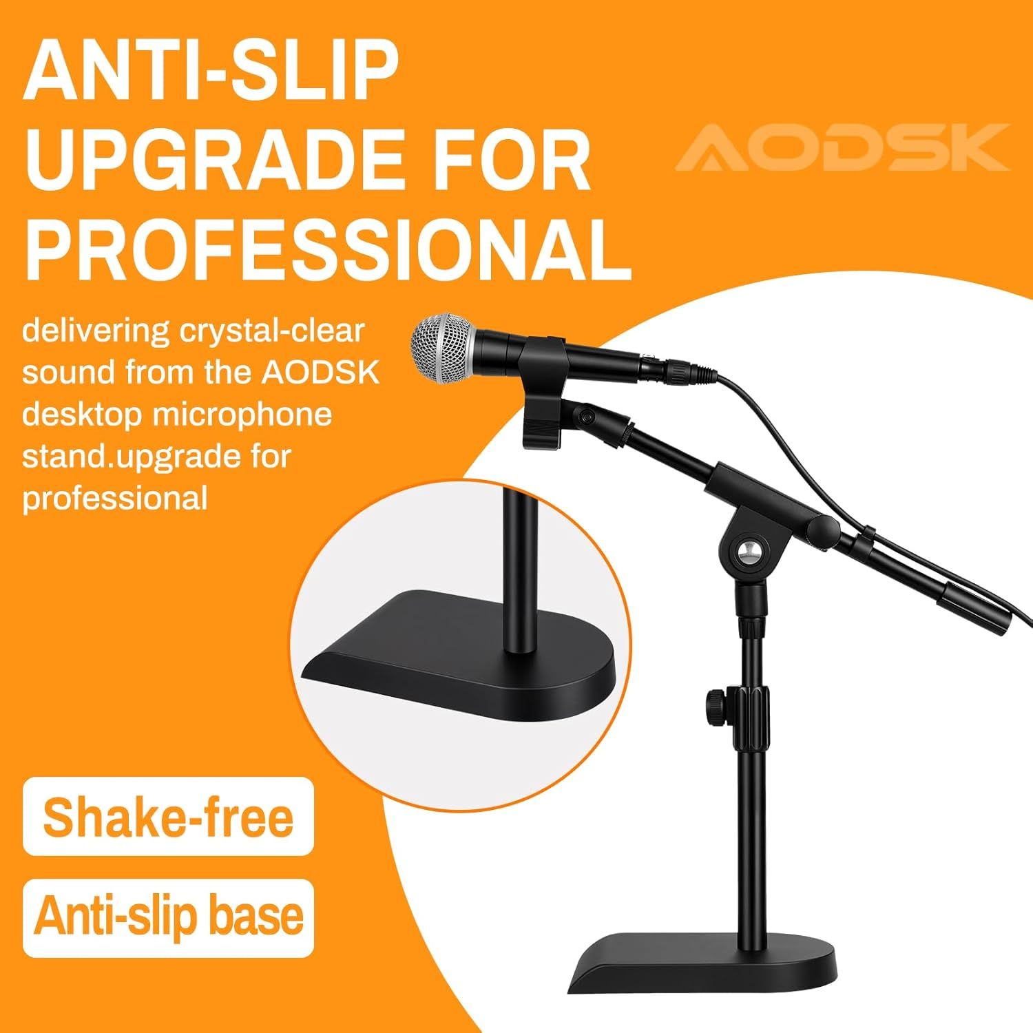 Highlights the anti-slip base feature of the microphone stand to reassure professional users that the stand provides stability and prevents movement during…