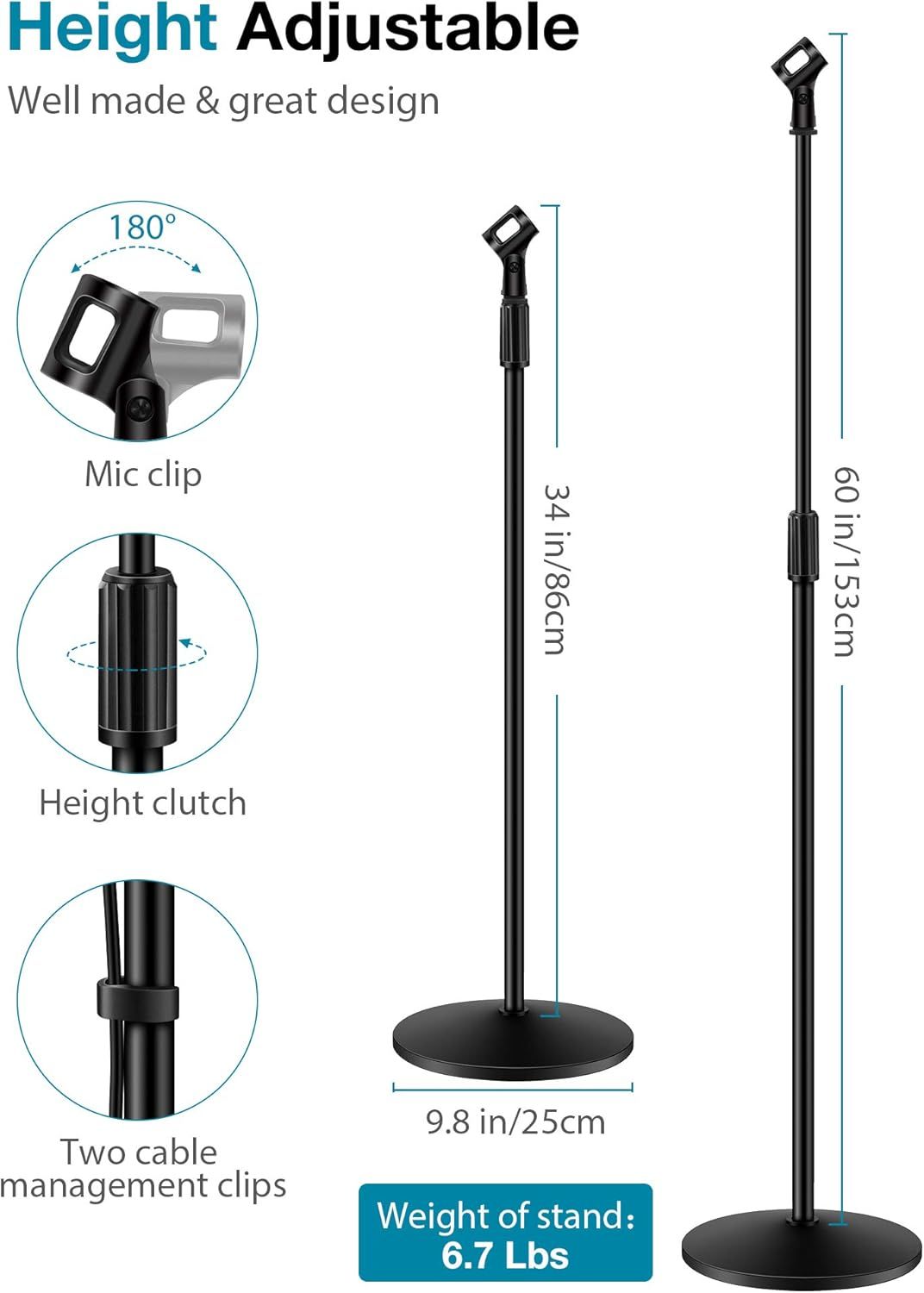 Breaks down the physical components and adjustment mechanisms of the microphone stand to help shoppers understand its construction and functional parts.…