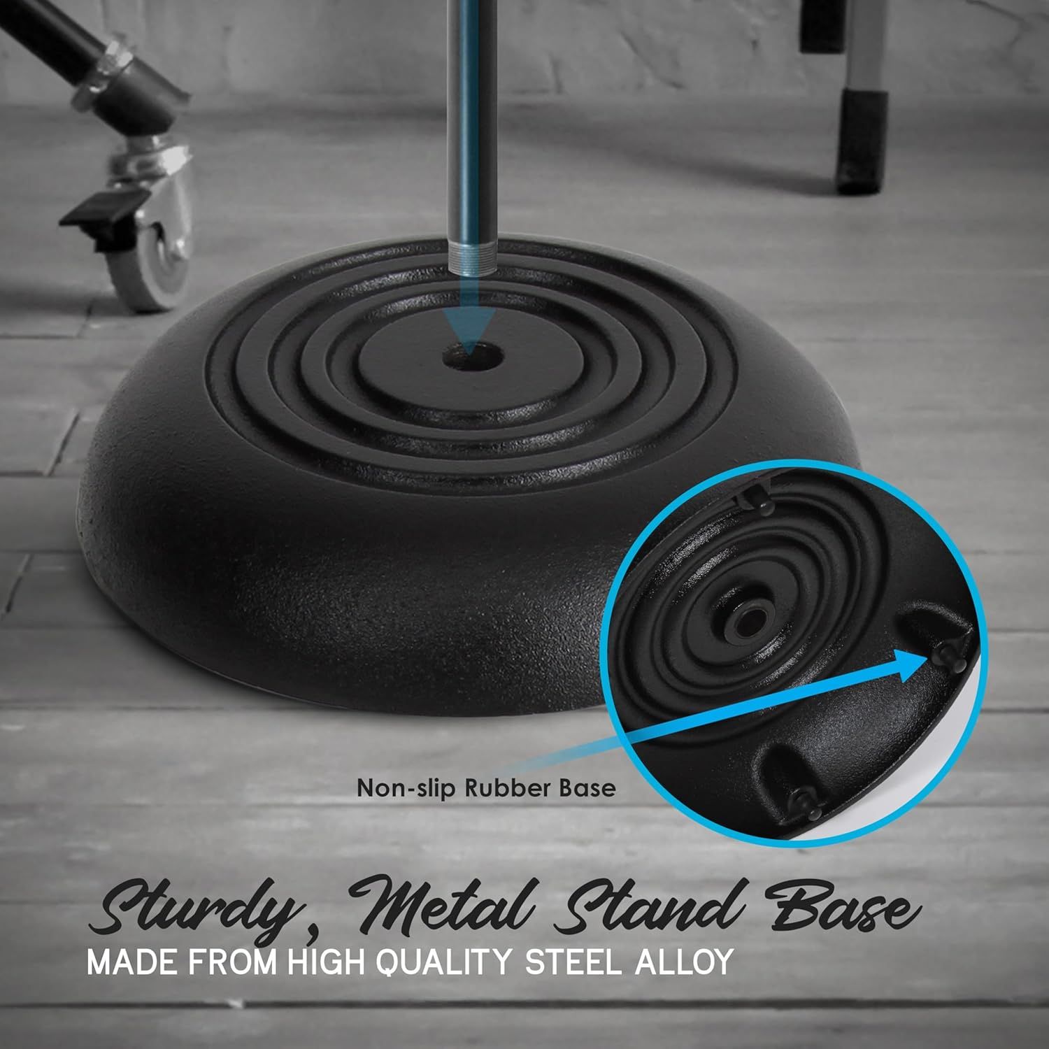 Highlights the non-slip rubber base feature of the stand to reassure shoppers that the product provides stability and prevents sliding during use.…