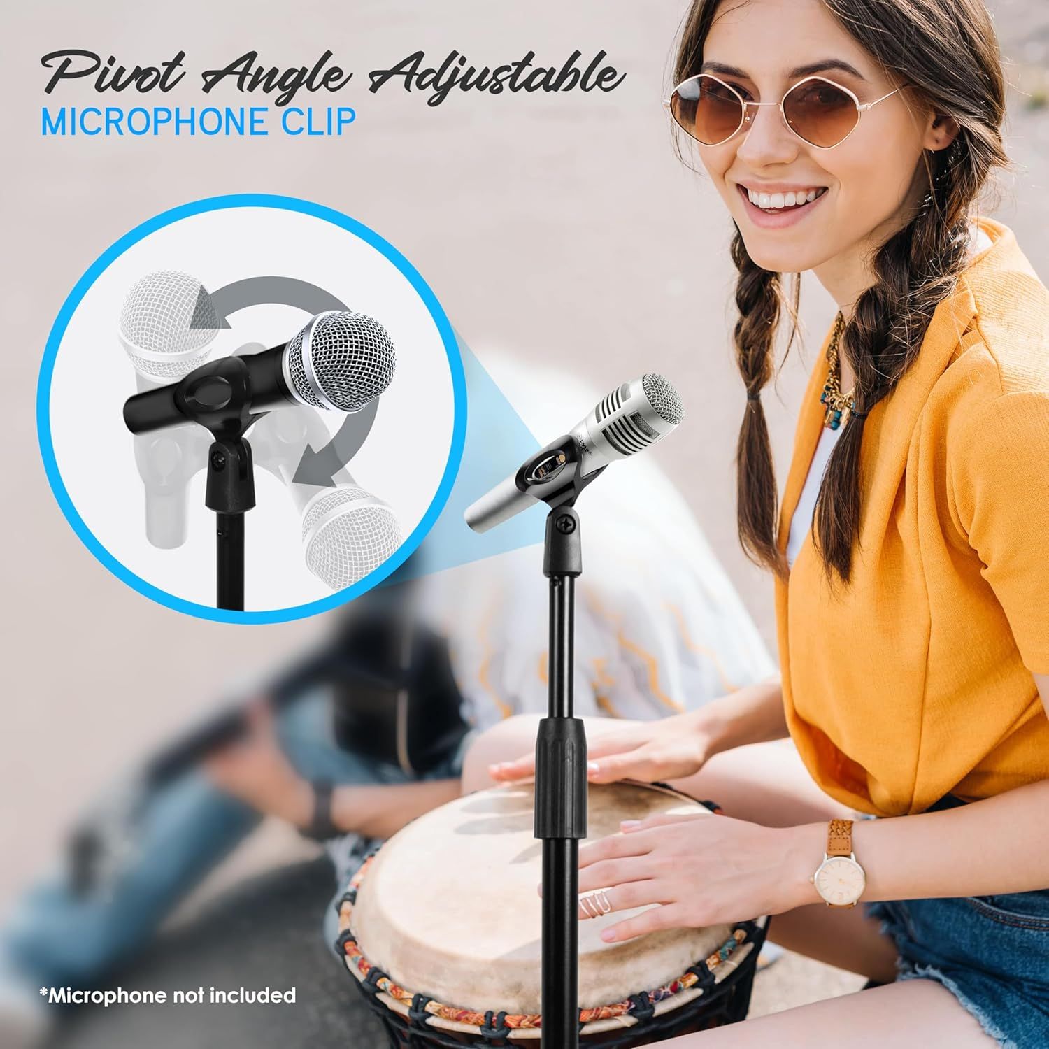 Highlights the adjustable pivot angle feature of the microphone clip, showing shoppers how the clip can be positioned at different angles for optimal…