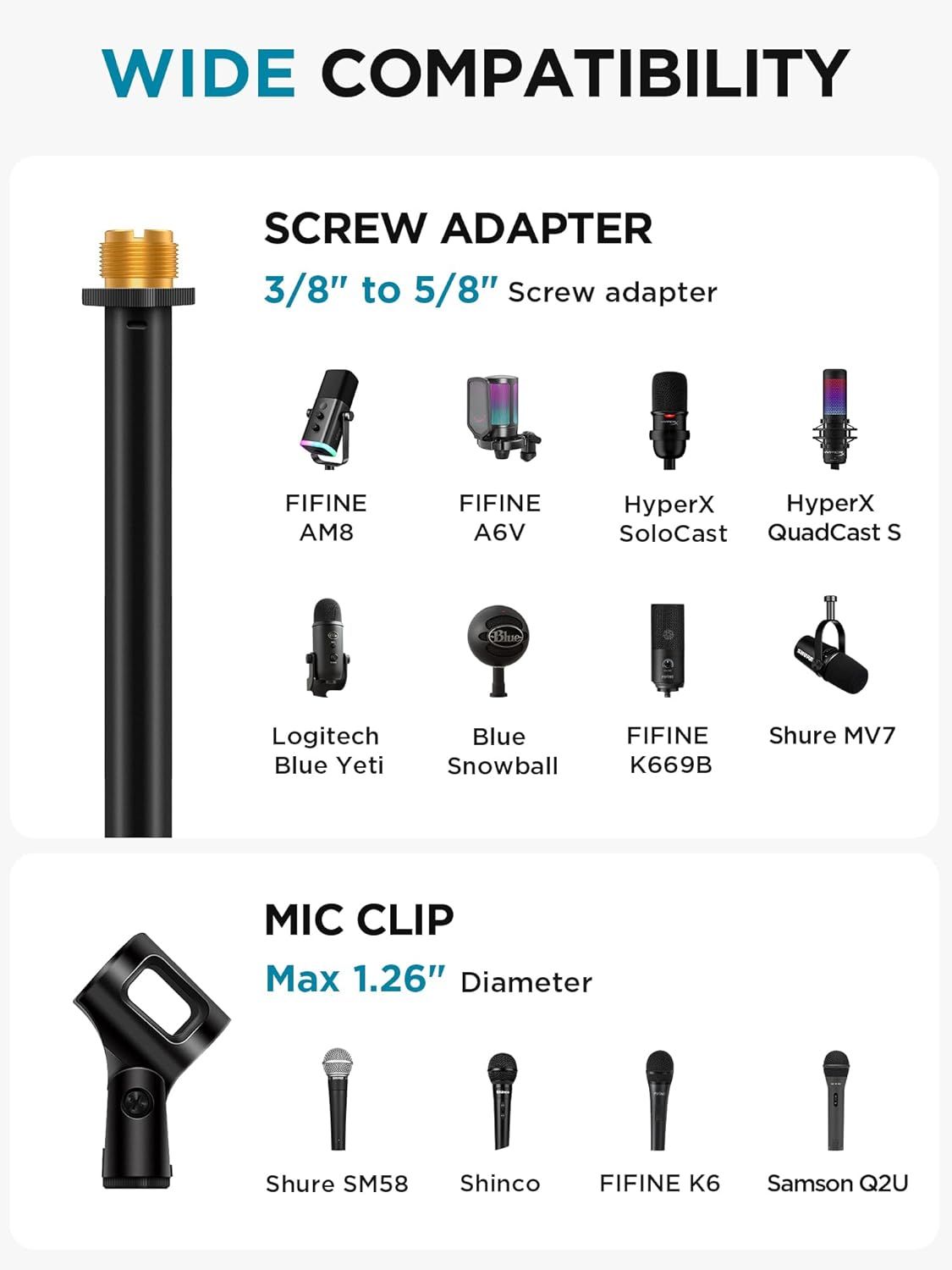 Demonstrates the wide range of microphone models and brands that are compatible with the product's screw adapter and mic clip, reassuring shoppers that it…