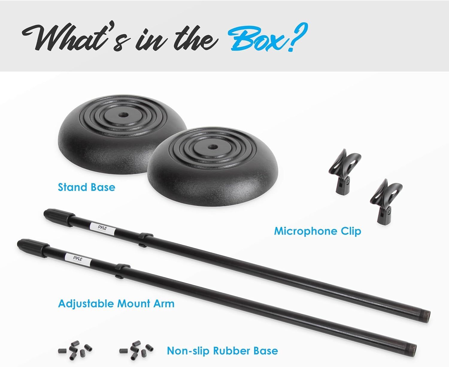 Shows all components included with the purchase to help shoppers understand the complete package they will receive, including stand bases, adjustable mount…