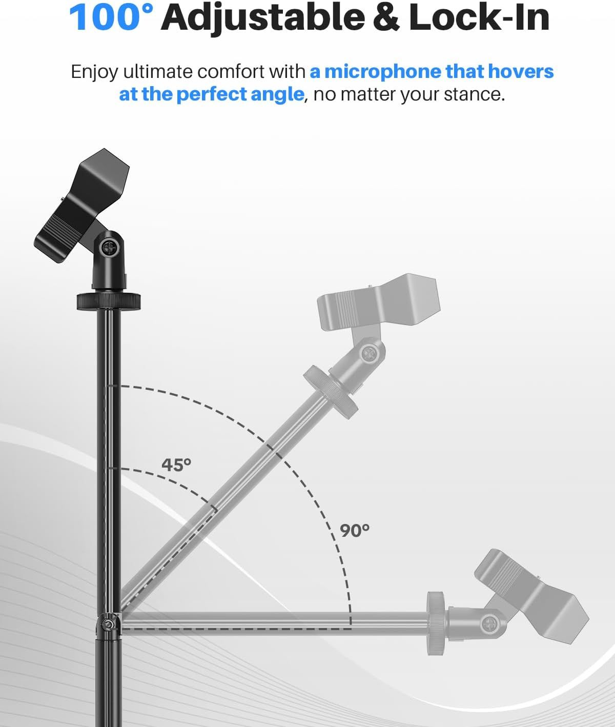 Demonstrates the microphone's adjustable positioning feature, showing how it can be angled from 45° to 90° to ensure optimal comfort and positioning for any…